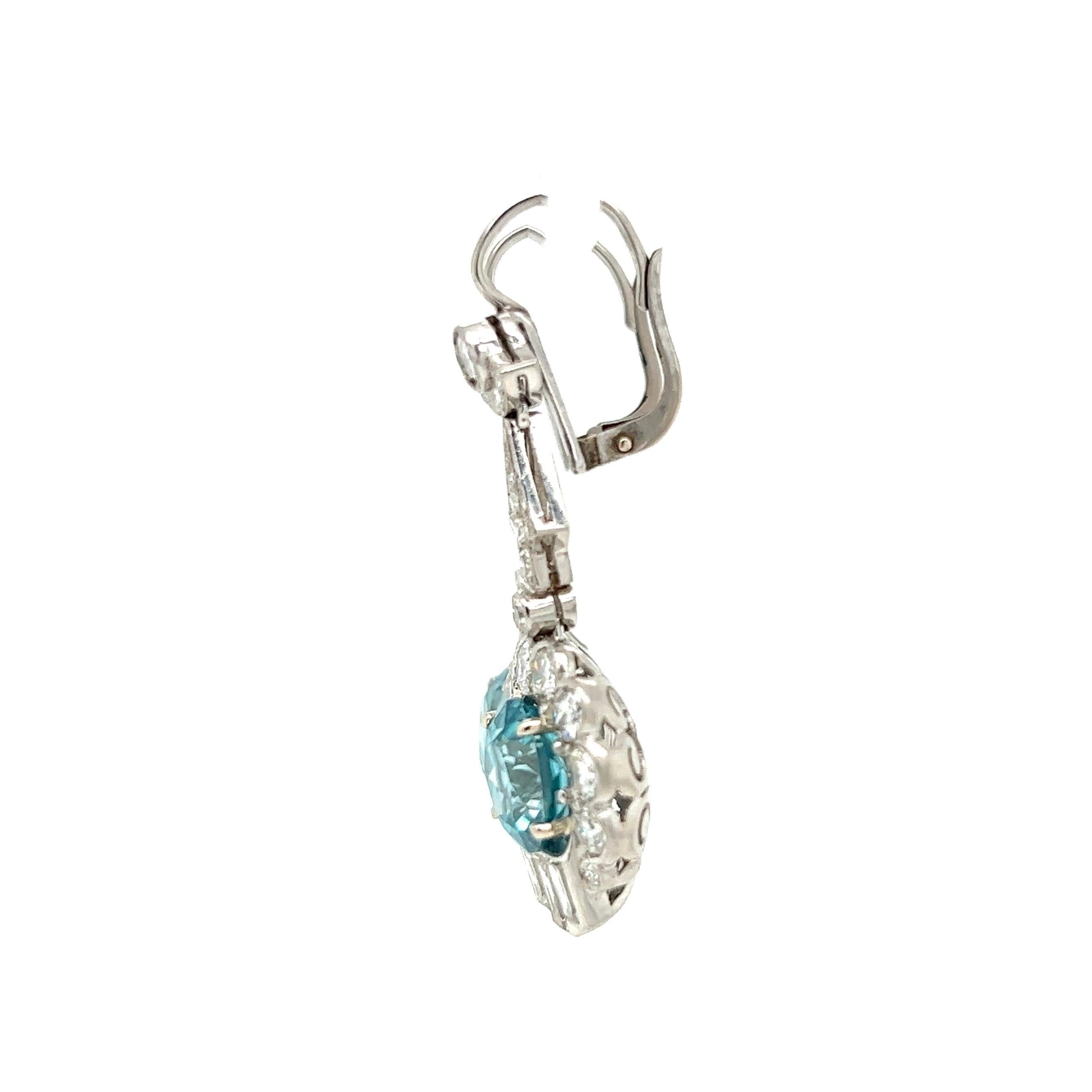 Blue Zircon and OEC Diamond Platinum Art Deco Drop Earrings Estate Fine Jewelry For Sale 1