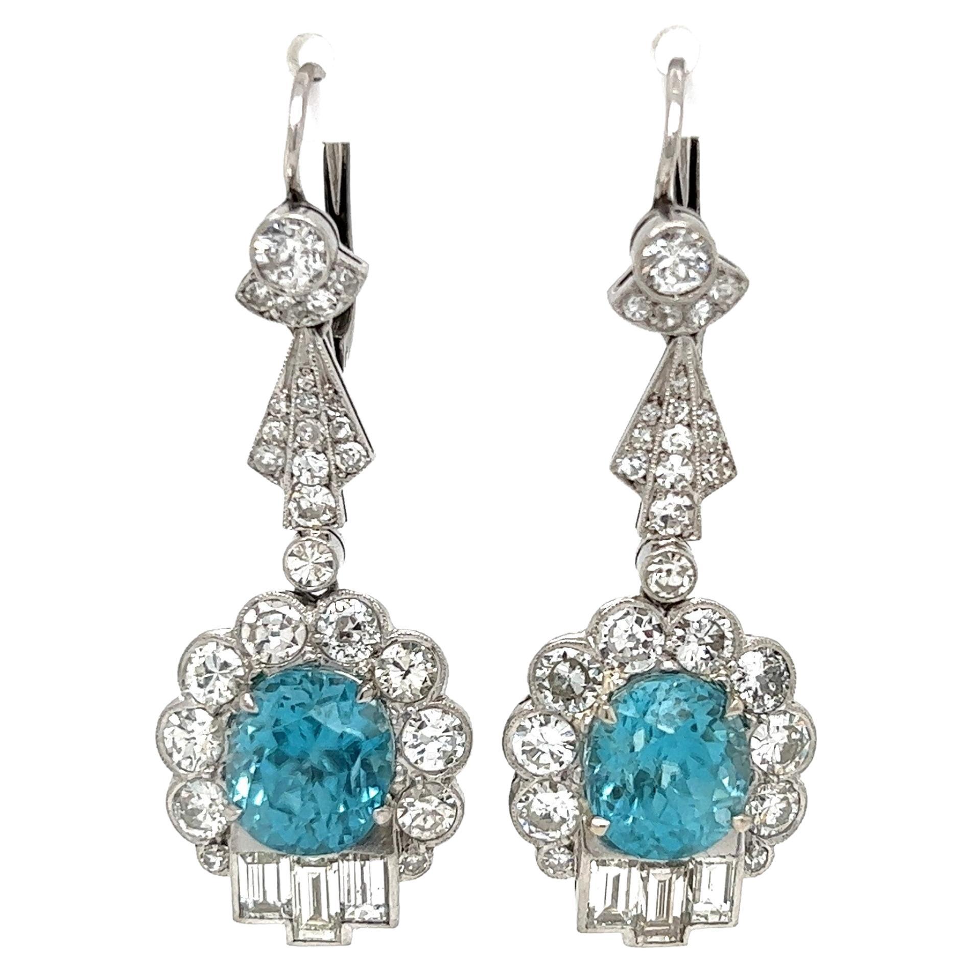 Blue Zircon and OEC Diamond Platinum Art Deco Drop Earrings Estate Fine Jewelry For Sale