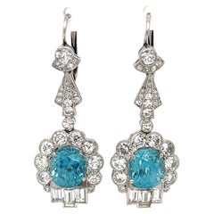 Blue Zircon and OEC Diamond Platinum Art Deco Drop Earrings Estate Fine Jewelry