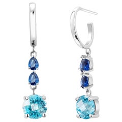 Round Blue Zircon and Pear Sapphire Gold Hoop Drop Earrings Weighing 5.50 Carat