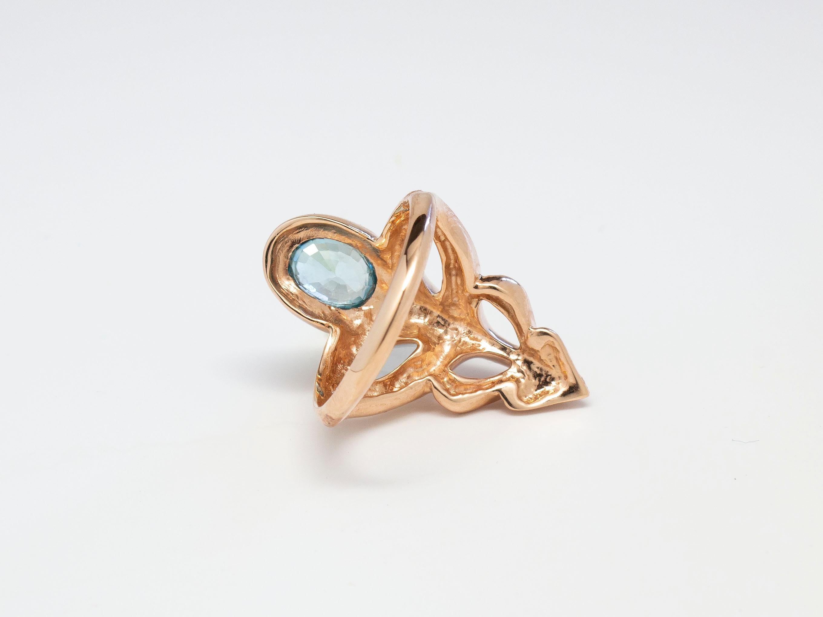 Oval Cut Blue Zircon and Rose Gold Openwork Cocktail Ring For Sale