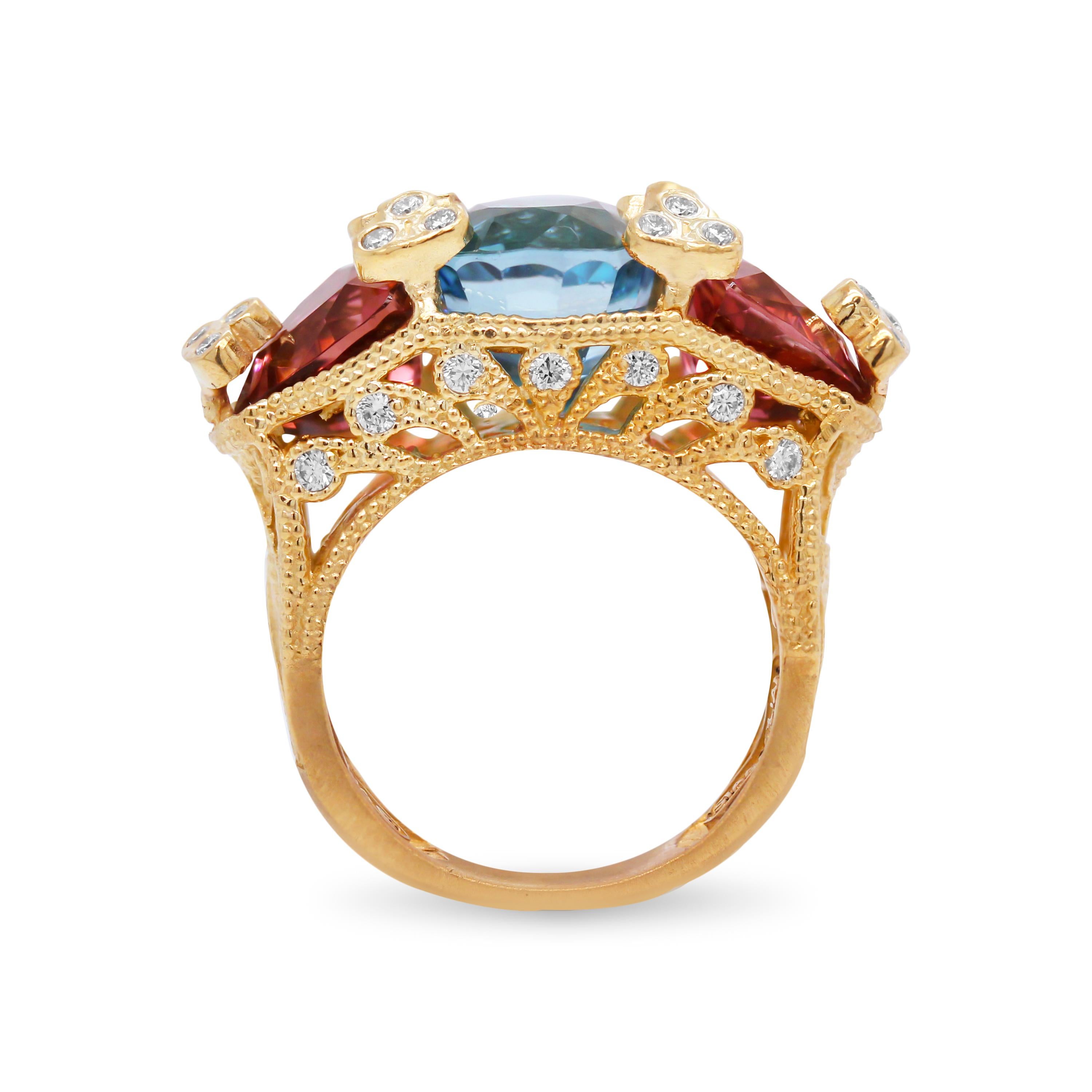 Cushion Cut Stambolian Blue Zircon Trillion Rubellites Diamonds Three-Stone Gold Ring