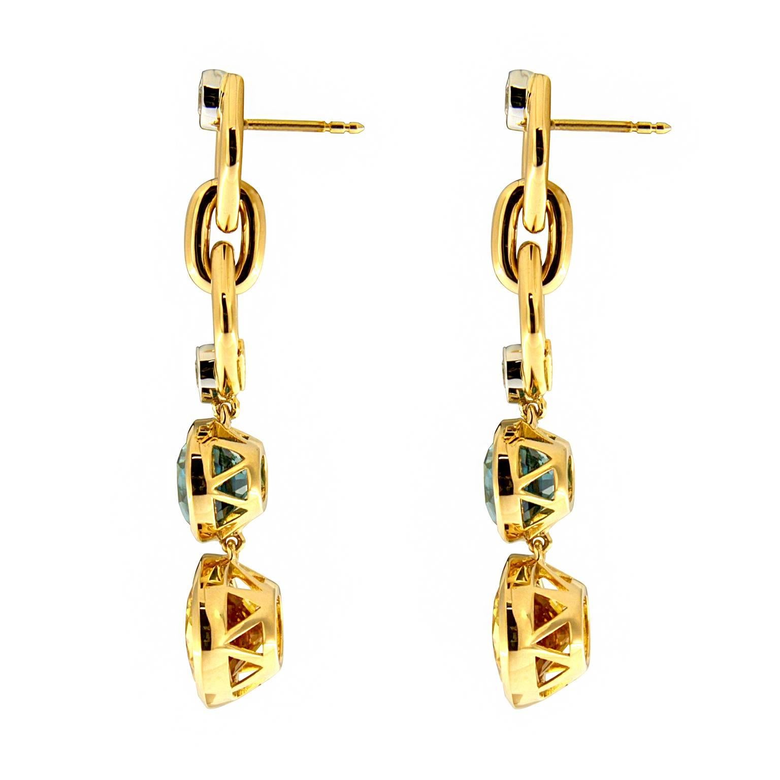 Blue Zircon and Yellow Beryl with Round Brilliant cut Diamonds Earrings In New Condition In New York, NY