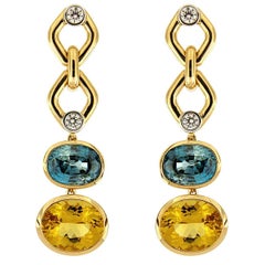 Blue Zircon and Yellow Beryl with Round Brilliant cut Diamonds Earrings