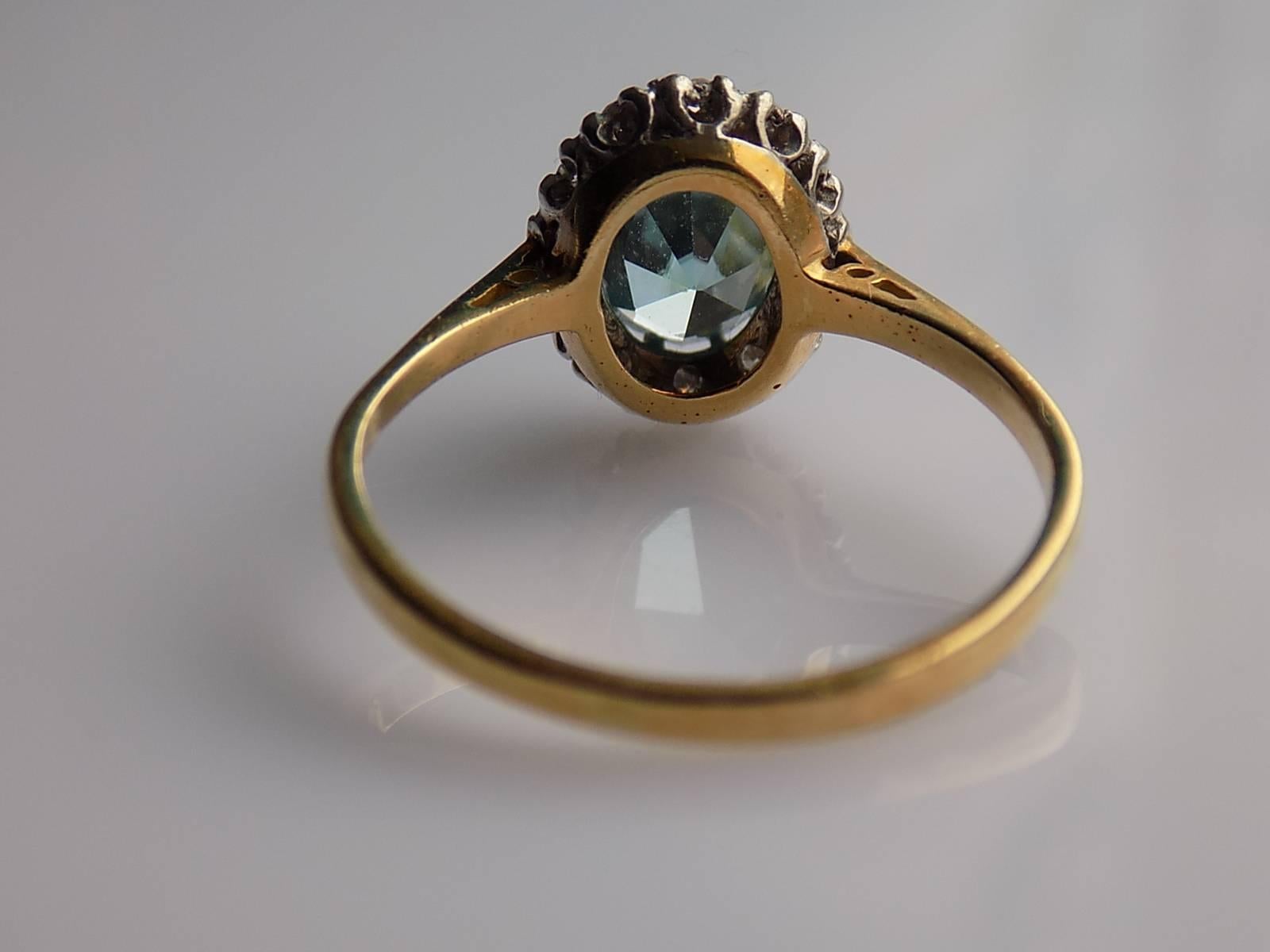 Art Deco Blue Zircon Diamond 18 Karat Gold Platinum Cluster Ring