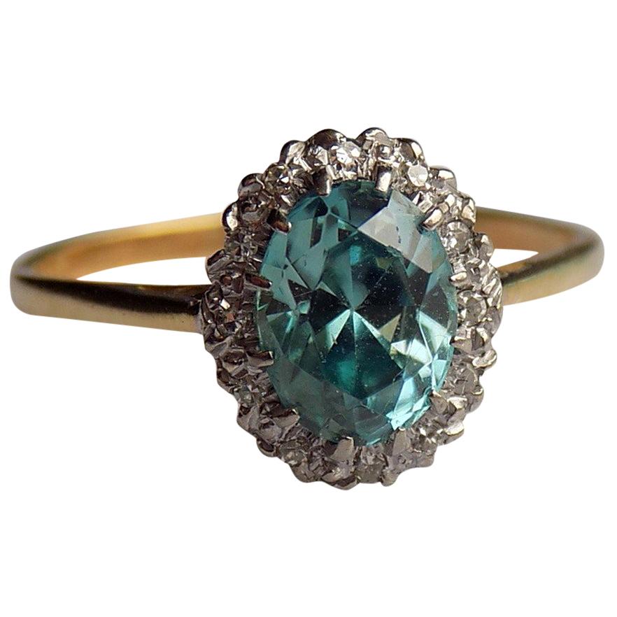 Blue Zircon Diamond 18 Karat Gold Platinum Cluster Ring