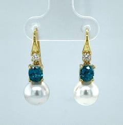 9mm South Sea Pearl, Blue Zircon and Diamond Drop Earrings in 18k Yellow Gold