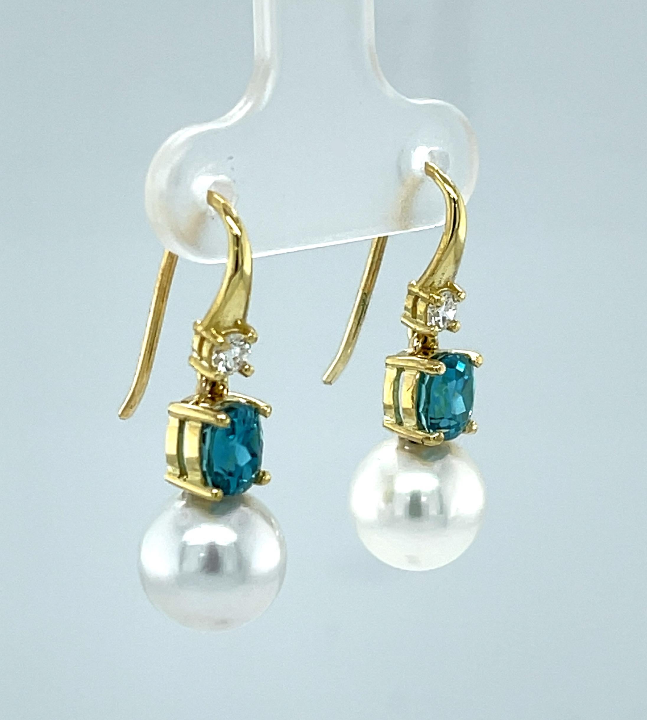 Artisan 9mm South Sea Pearl, Blue Zircon and Diamond Drop Earrings in 18k Yellow Gold For Sale