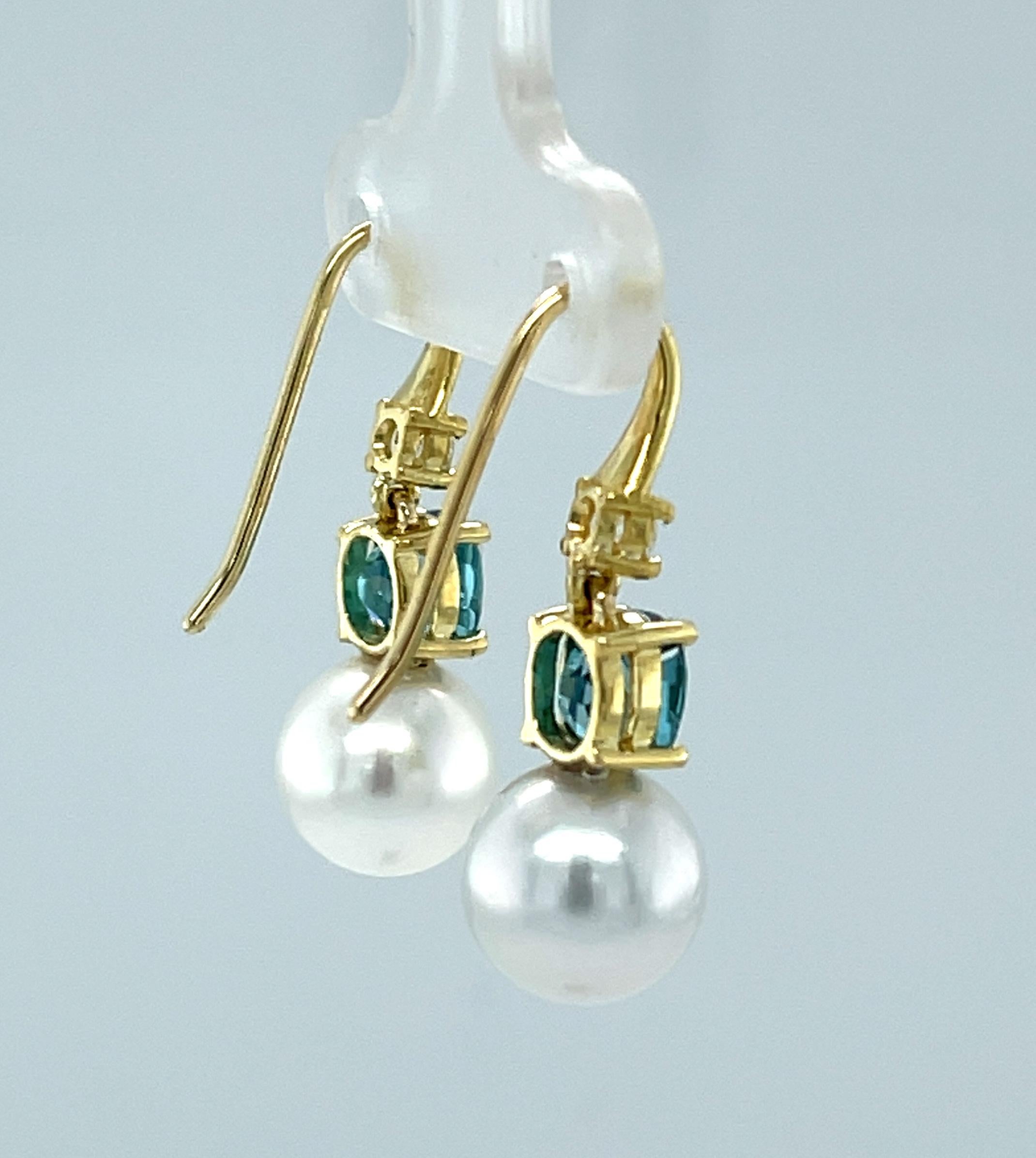 Oval Cut 9mm South Sea Pearl, Blue Zircon and Diamond Drop Earrings in 18k Yellow Gold For Sale