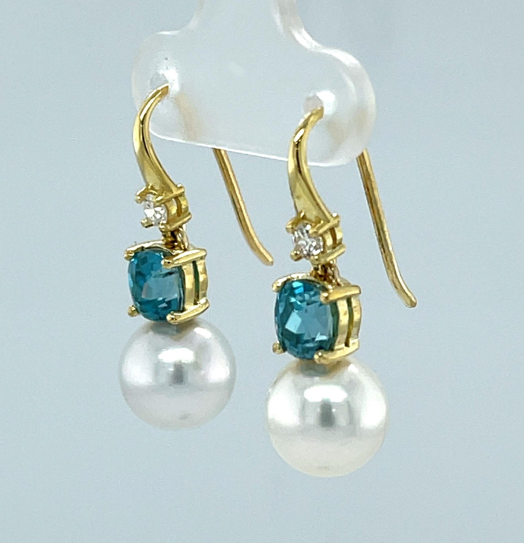 Women's 9mm South Sea Pearl, Blue Zircon and Diamond Drop Earrings in 18k Yellow Gold For Sale