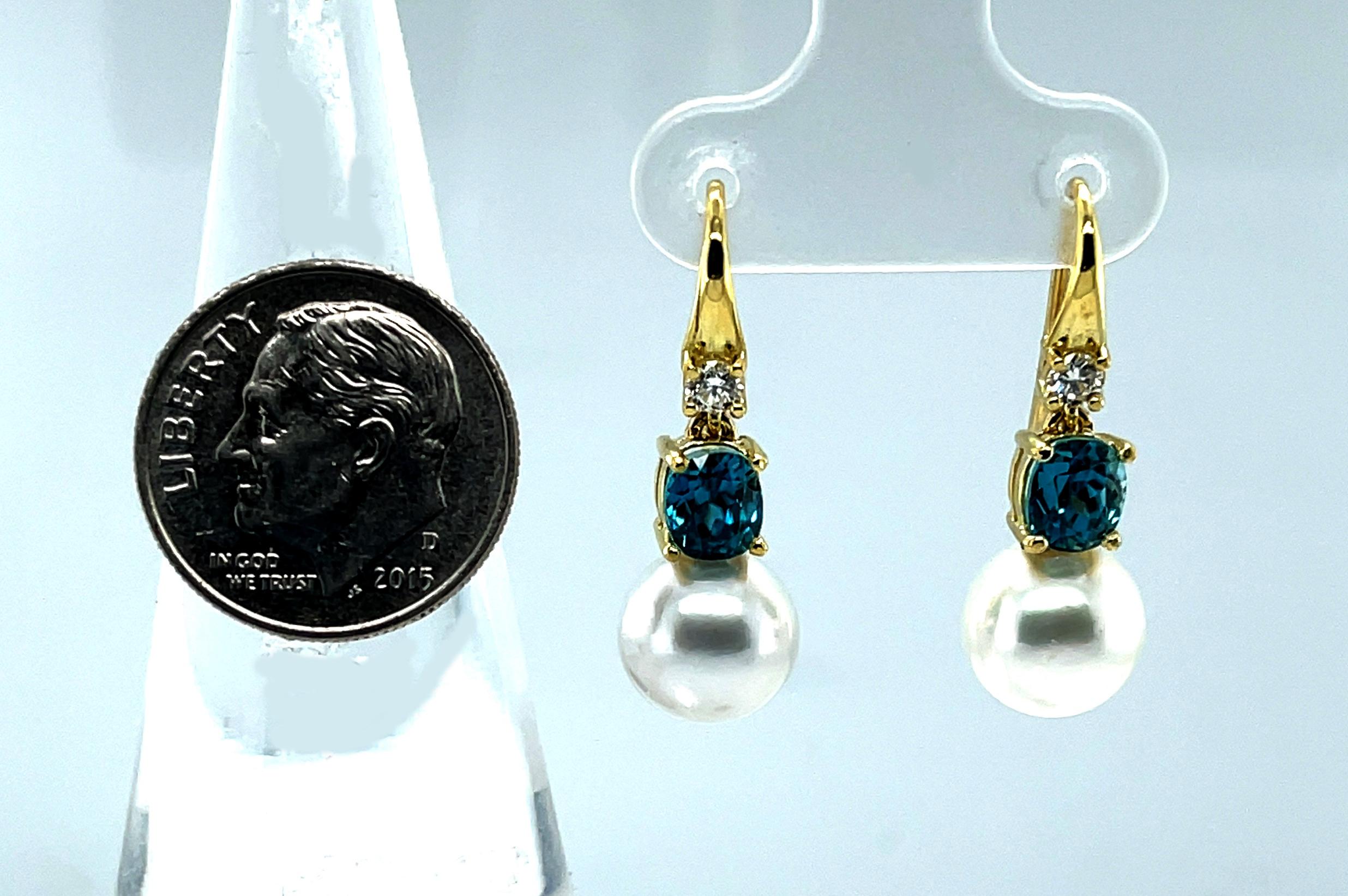 9mm South Sea Pearl, Blue Zircon and Diamond Drop Earrings in 18k Yellow Gold For Sale 1