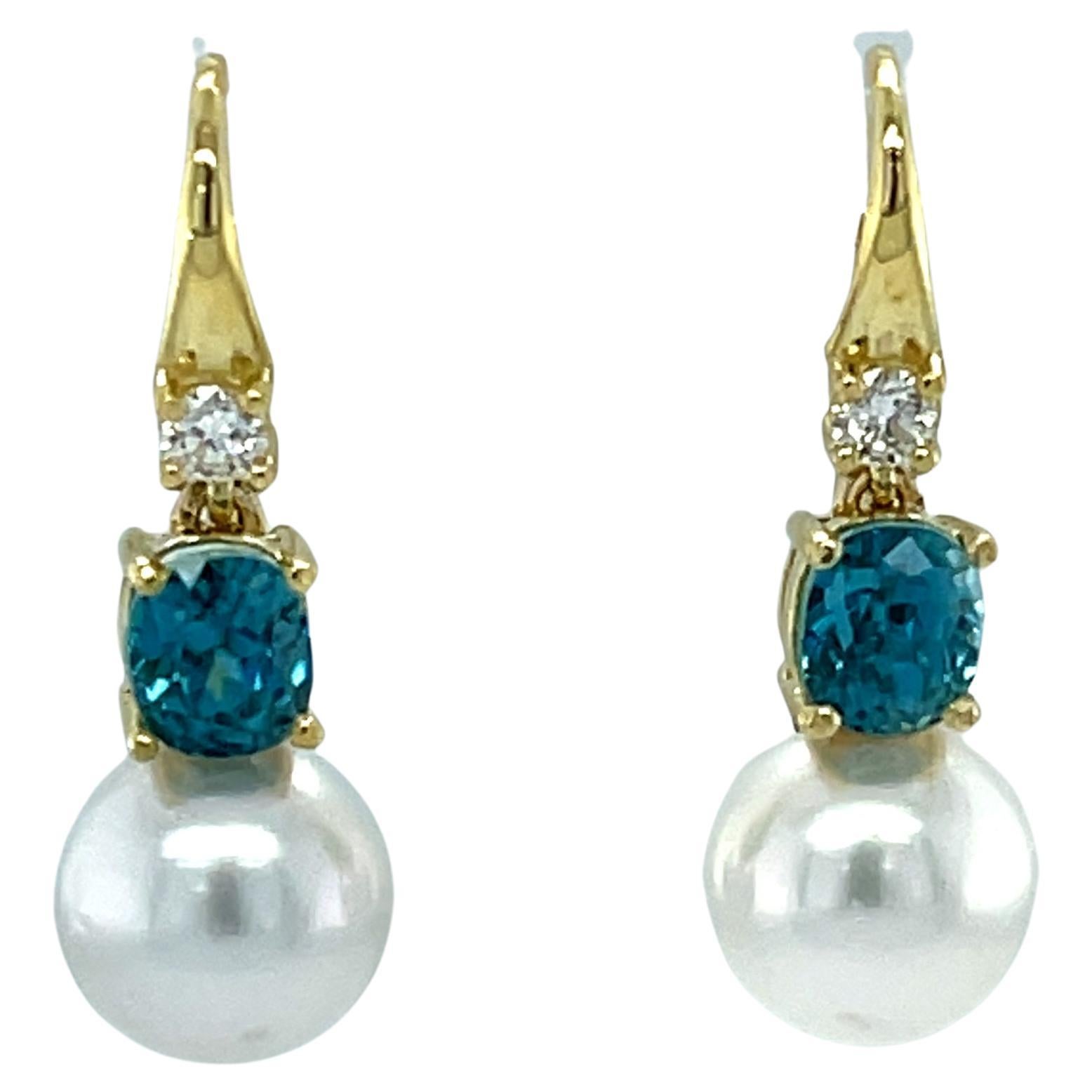 9mm South Sea Pearl, Blue Zircon and Diamond Drop Earrings in 18k Yellow Gold For Sale