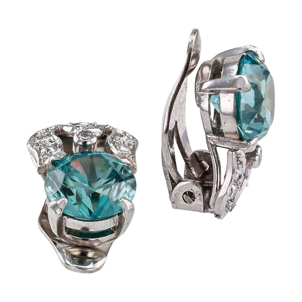 Round Cut Blue Zircon Diamond Art Deco 1930s Platinum Ear Clips