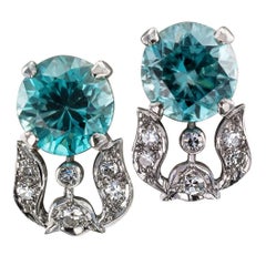 Blue Zircon Diamond Art Deco 1930s Platinum Ear Clips