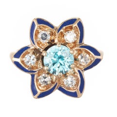 Retro Blue Zircon Diamond Black Enamel Yellow Gold Flower Cocktail Ring