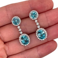 Blue Zircon & Diamond Drop Earrings in 18K White Gold