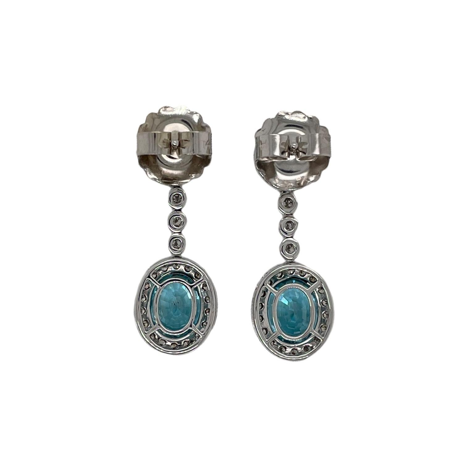 Contemporary Blue Zircon & Diamond Drop Earrings in 18K White Gold For Sale