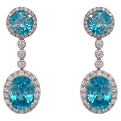Blue Zircon & Diamond Drop Earrings in 18K White Gold