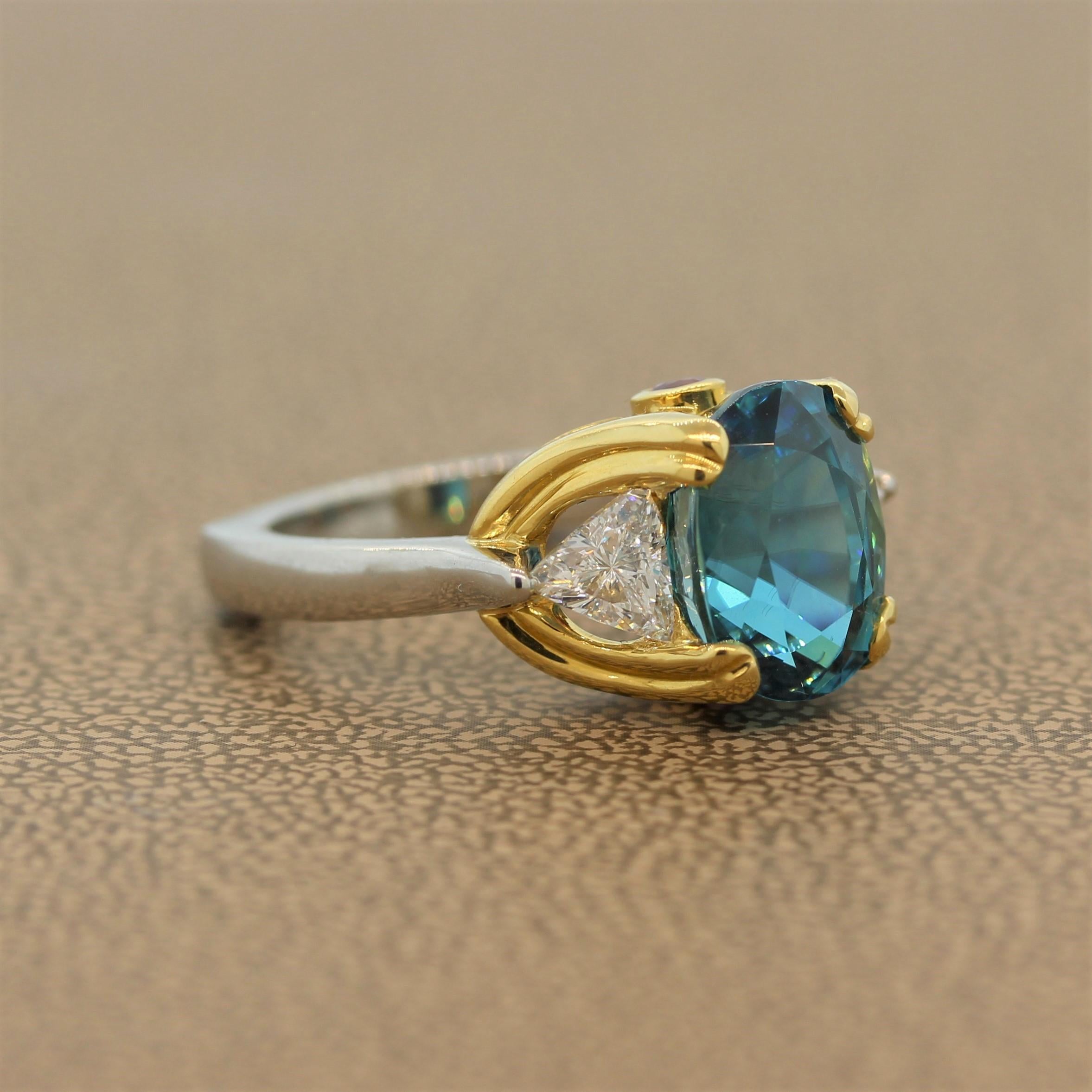 Oval Cut Blue Zircon Diamond Platinum Gold Ring For Sale