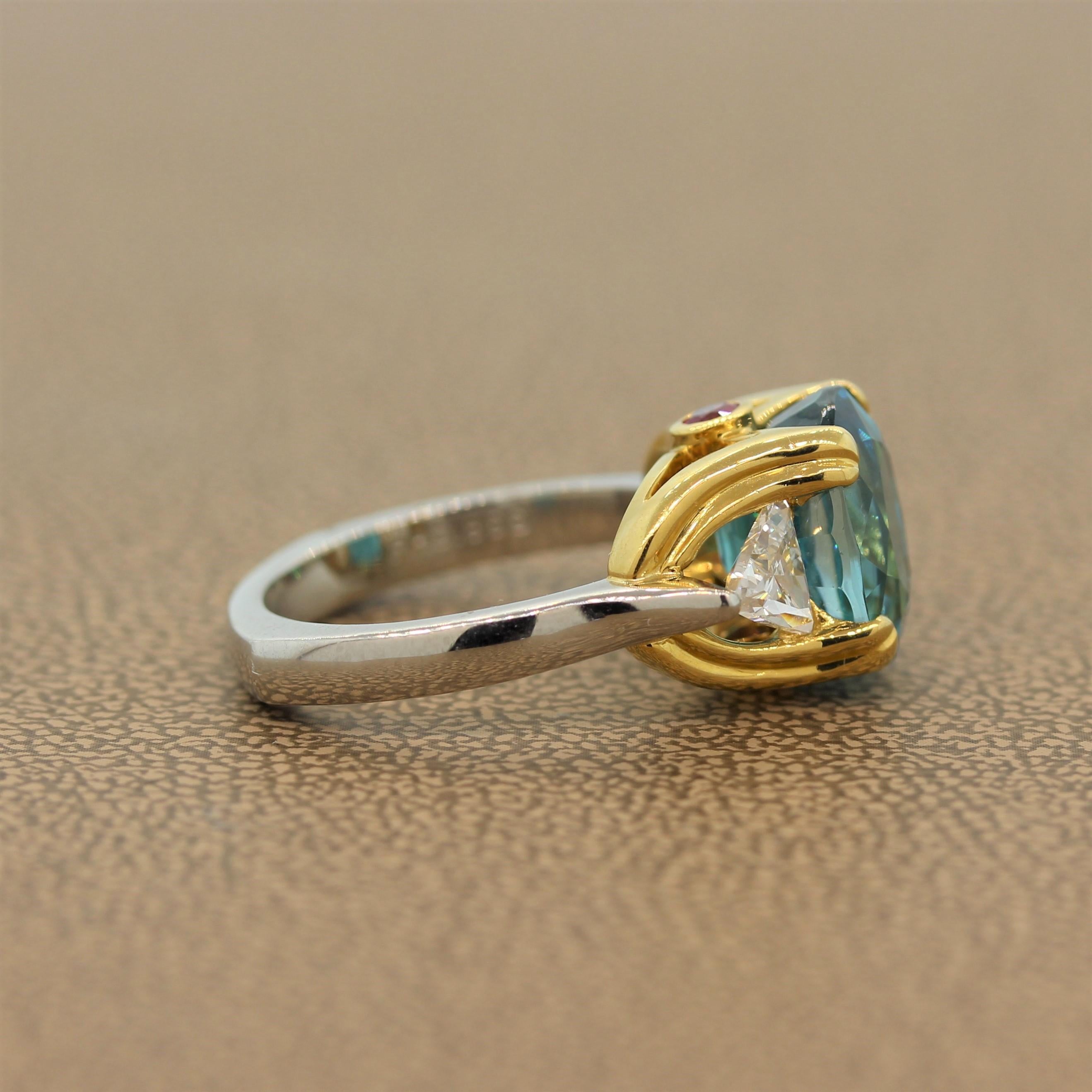 Blue Zircon Diamond Platinum Gold Ring In New Condition For Sale In Beverly Hills, CA