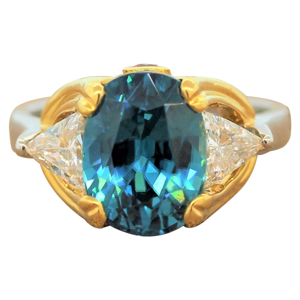 Blue Zircon Diamond Platinum Gold Ring
