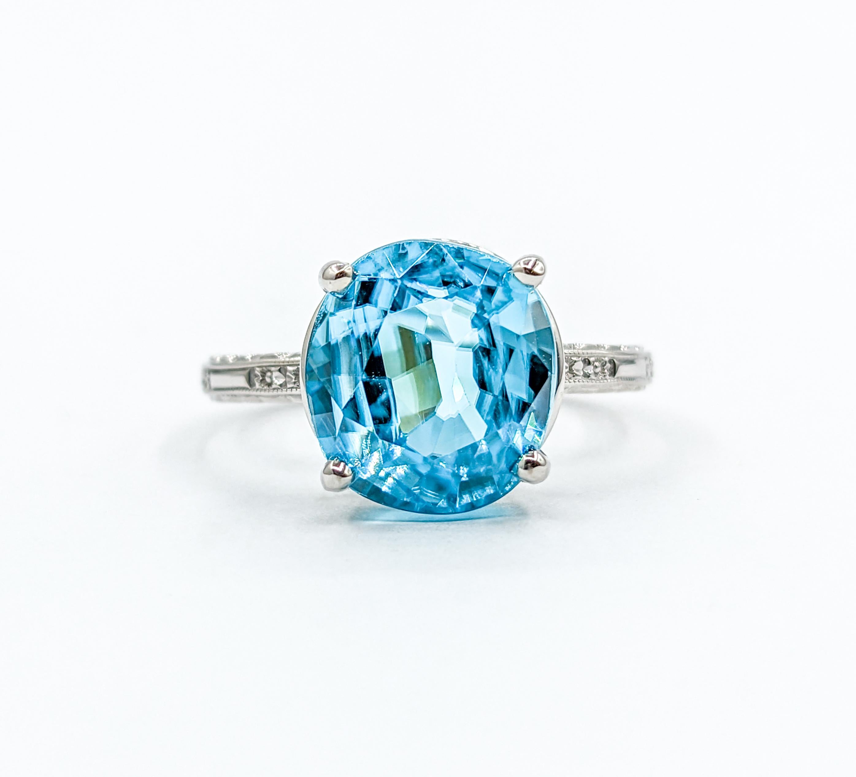 Blue Zircon & Diamond Ring in White Gold For Sale 3