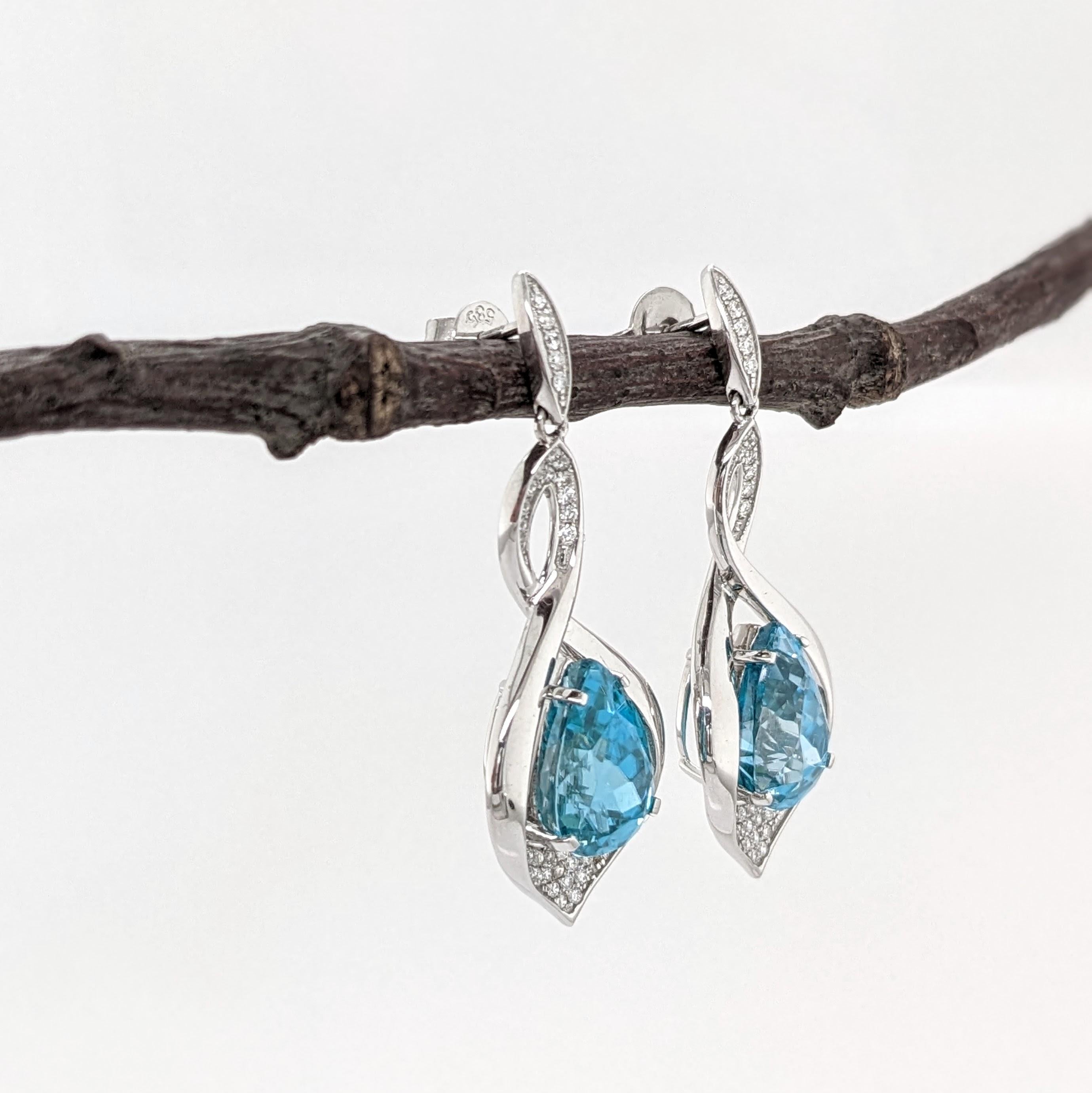 Modern Blue Zircon Drop Earrings w Earth Mined Diamonds in Solid 14K Gold Pear Shape