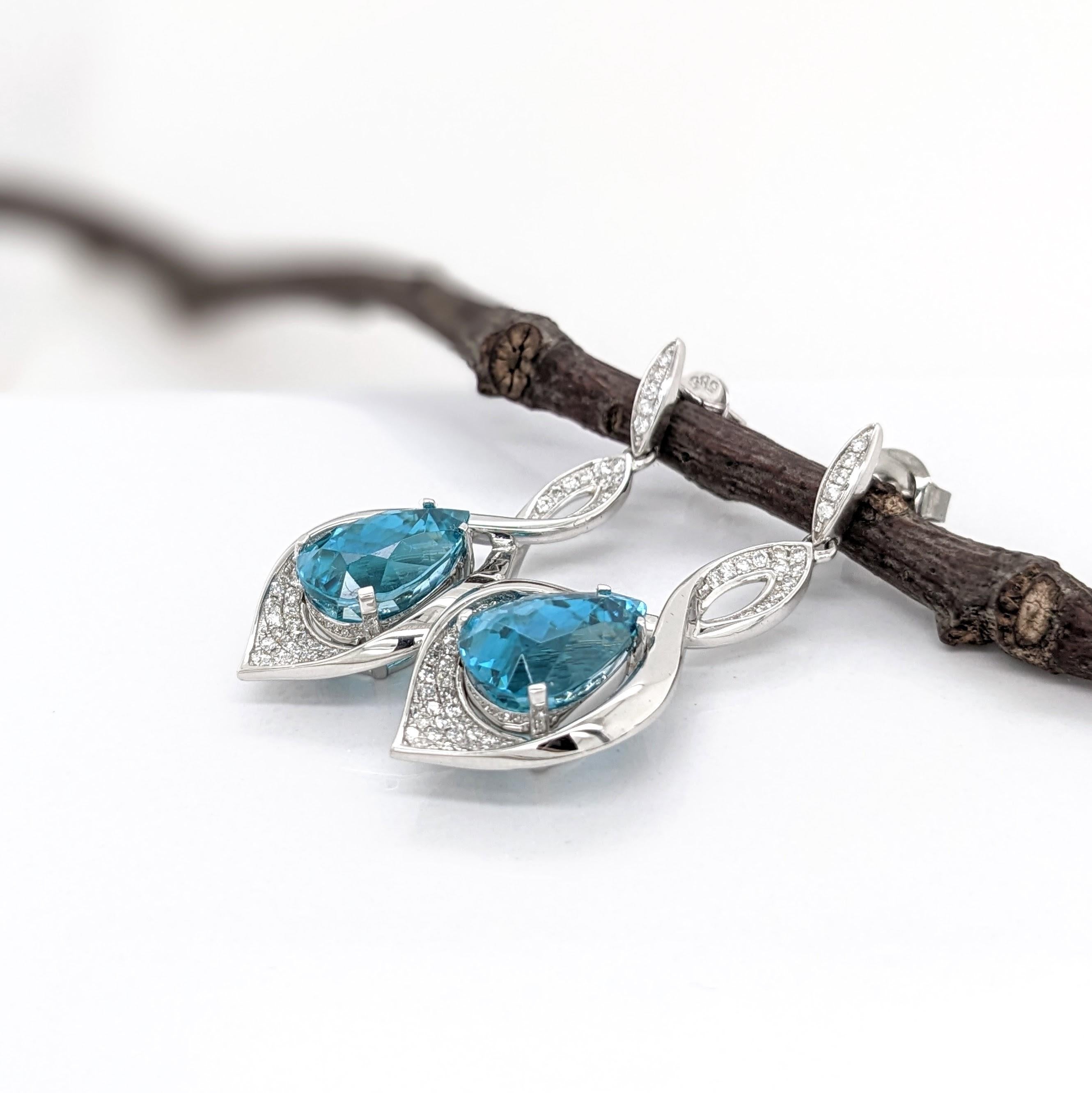 Pear Cut Blue Zircon Drop Earrings w Earth Mined Diamonds in Solid 14K Gold Pear Shape