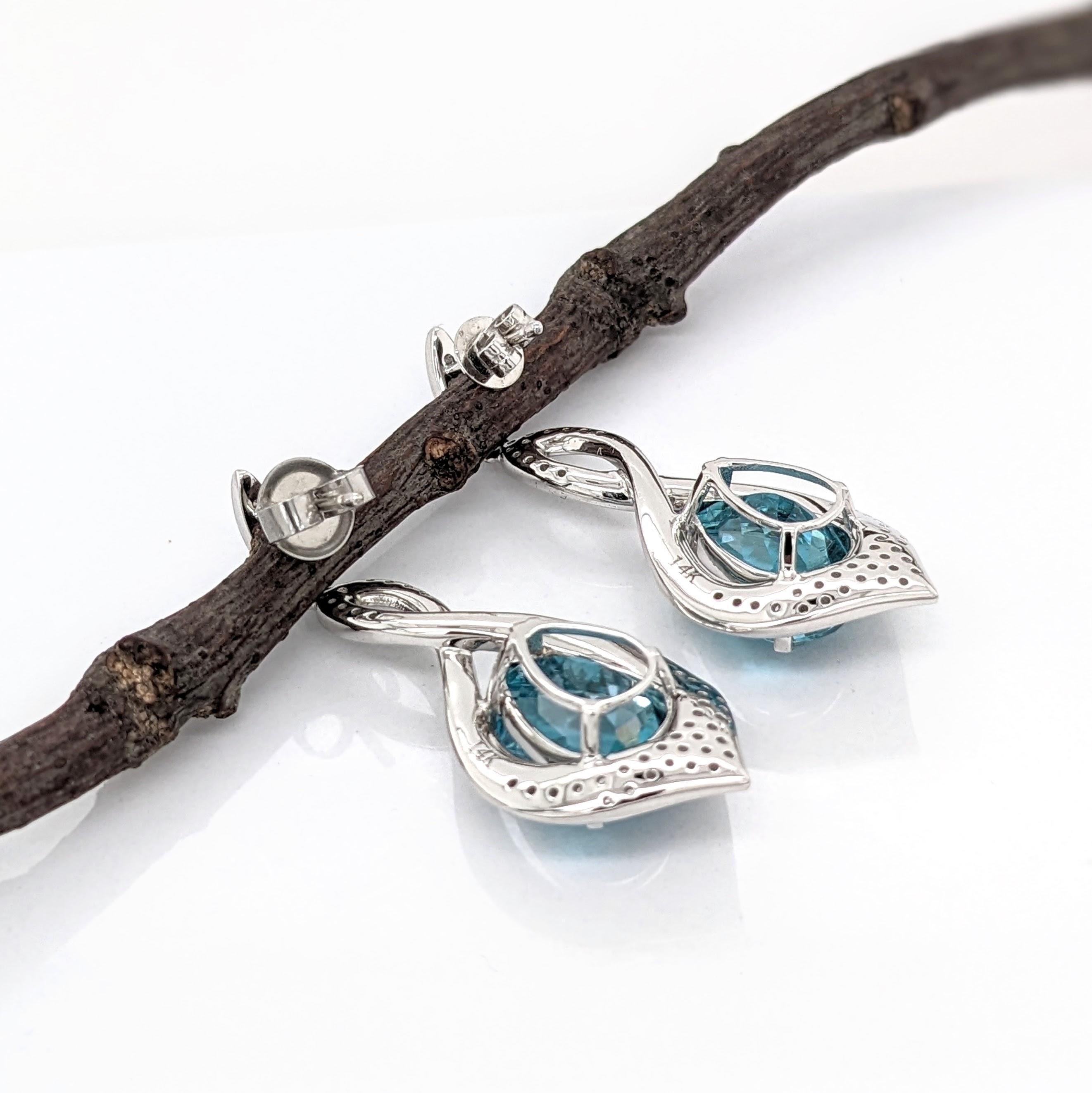 Blue Zircon Drop Earrings w Earth Mined Diamonds in Solid 14K Gold Pear Shape In New Condition In Columbus, OH