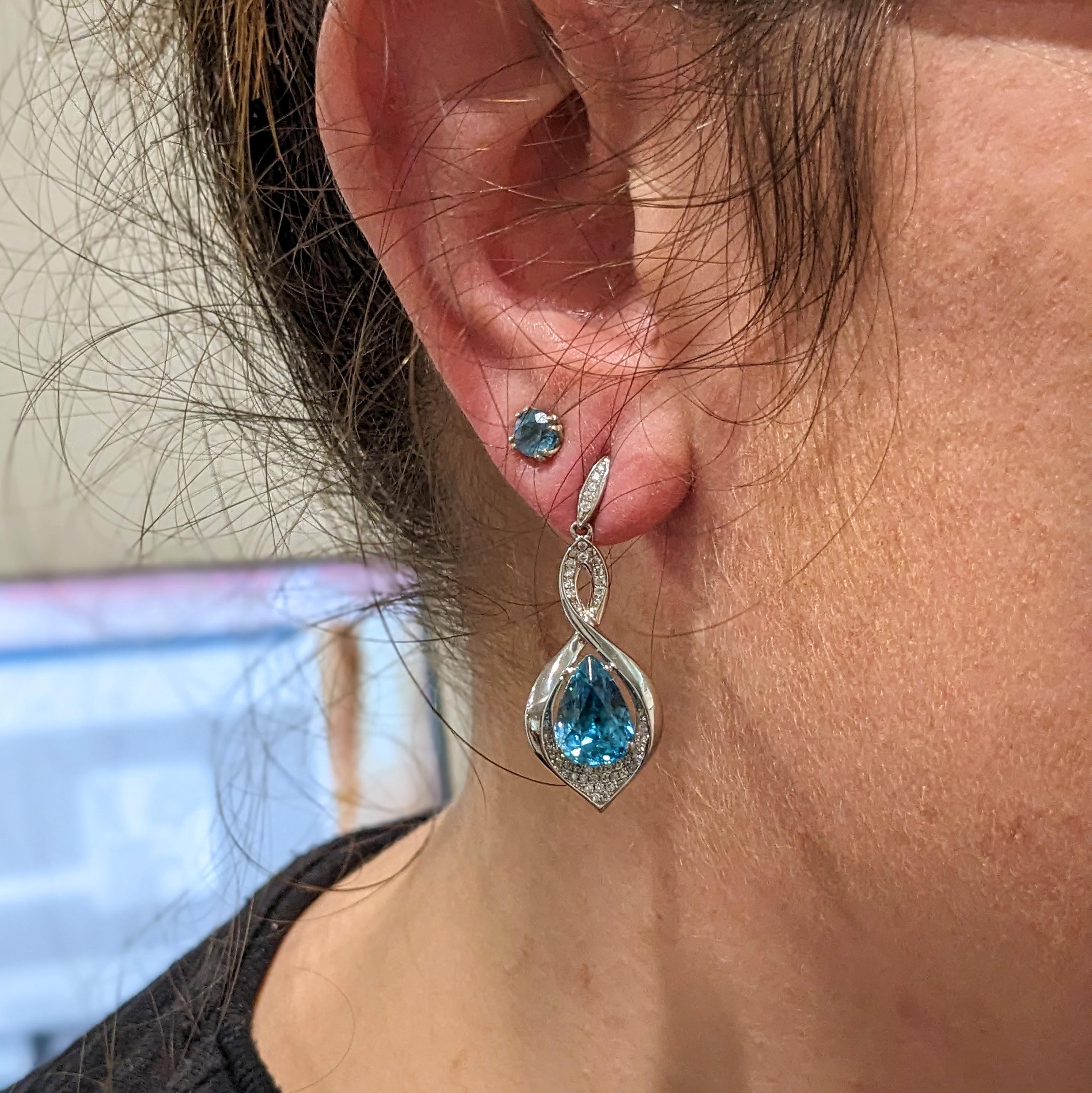 Blue Zircon Drop Earrings w Earth Mined Diamonds in Solid 14K Gold Pear Shape 1