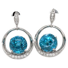Orecchini a goccia con zircone blu e diamanti estratti dalla terra in oro massiccio 14K, tondi 8,5 mm