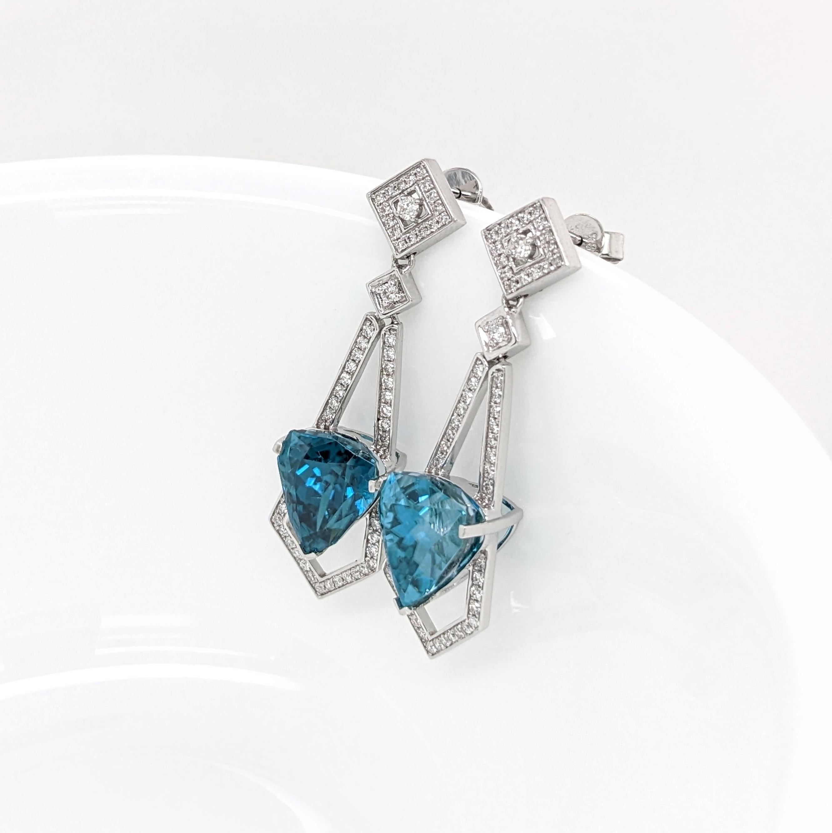Modern Blue Zircon Drop Earrings w Earth Mined Diamonds in Solid 14K Gold Trillion 10x9