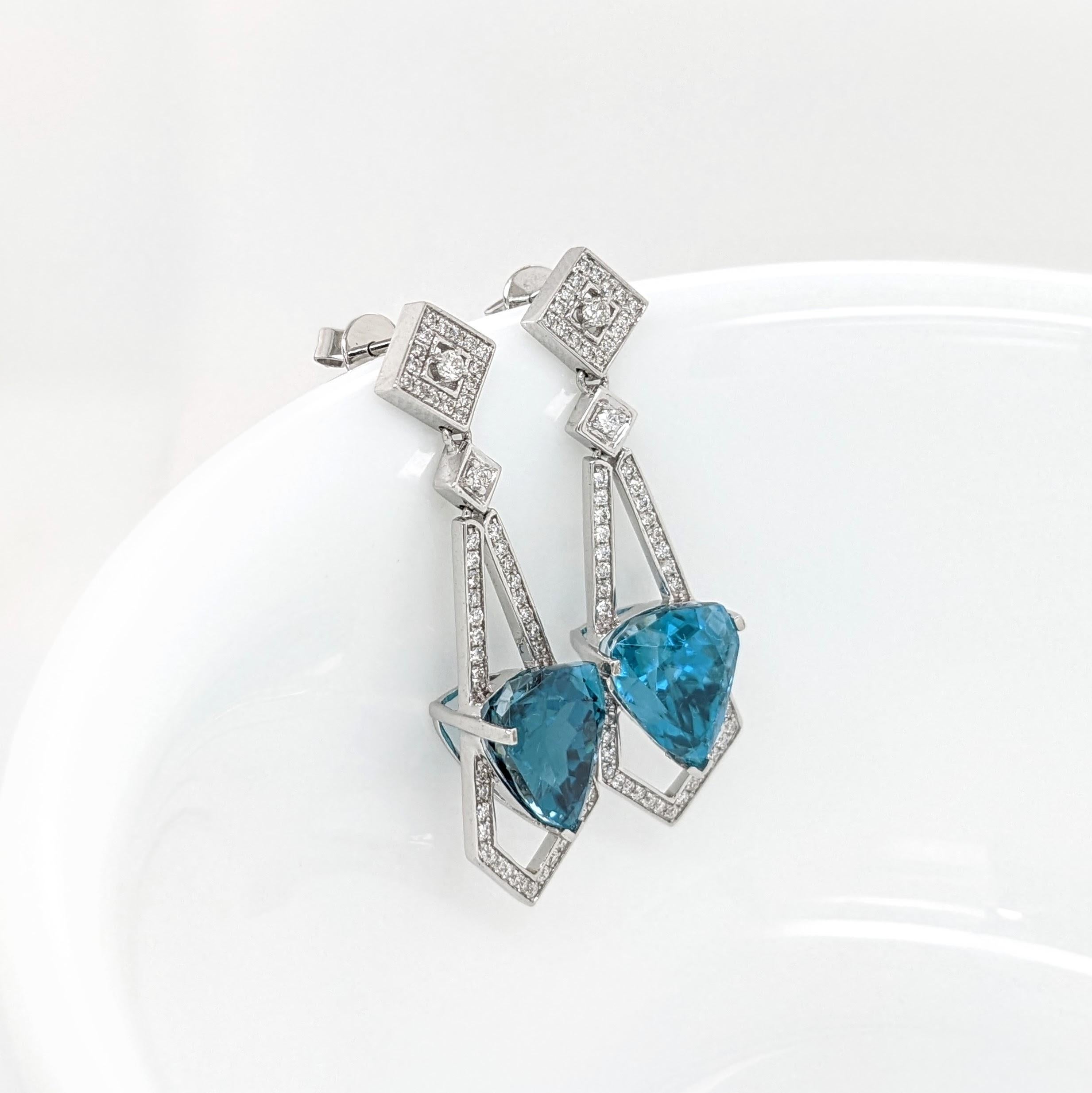 Trillion Cut Blue Zircon Drop Earrings w Earth Mined Diamonds in Solid 14K Gold Trillion 10x9