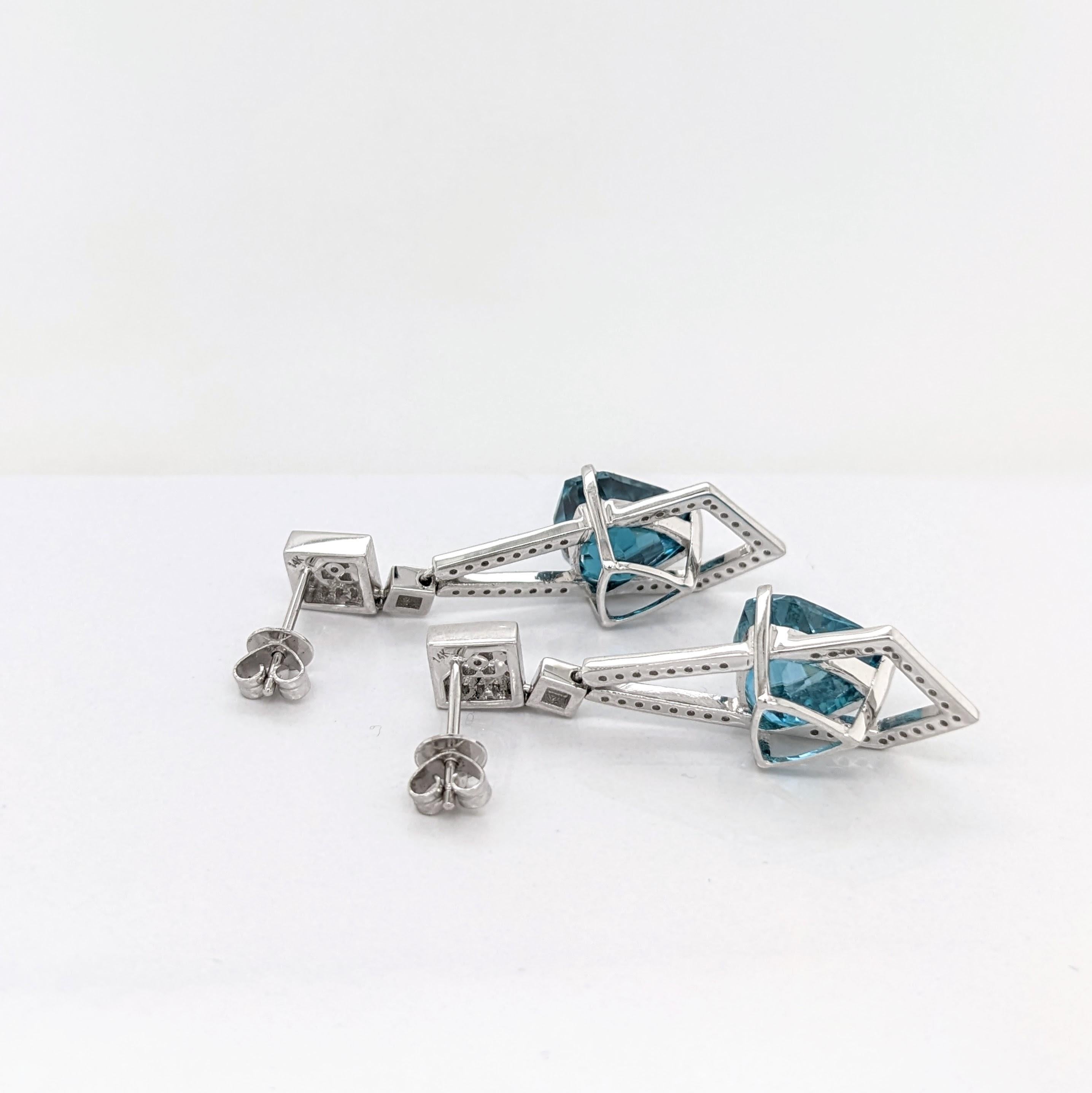 Blue Zircon Drop Earrings w Earth Mined Diamonds in Solid 14K Gold Trillion 10x9 In New Condition In Columbus, OH