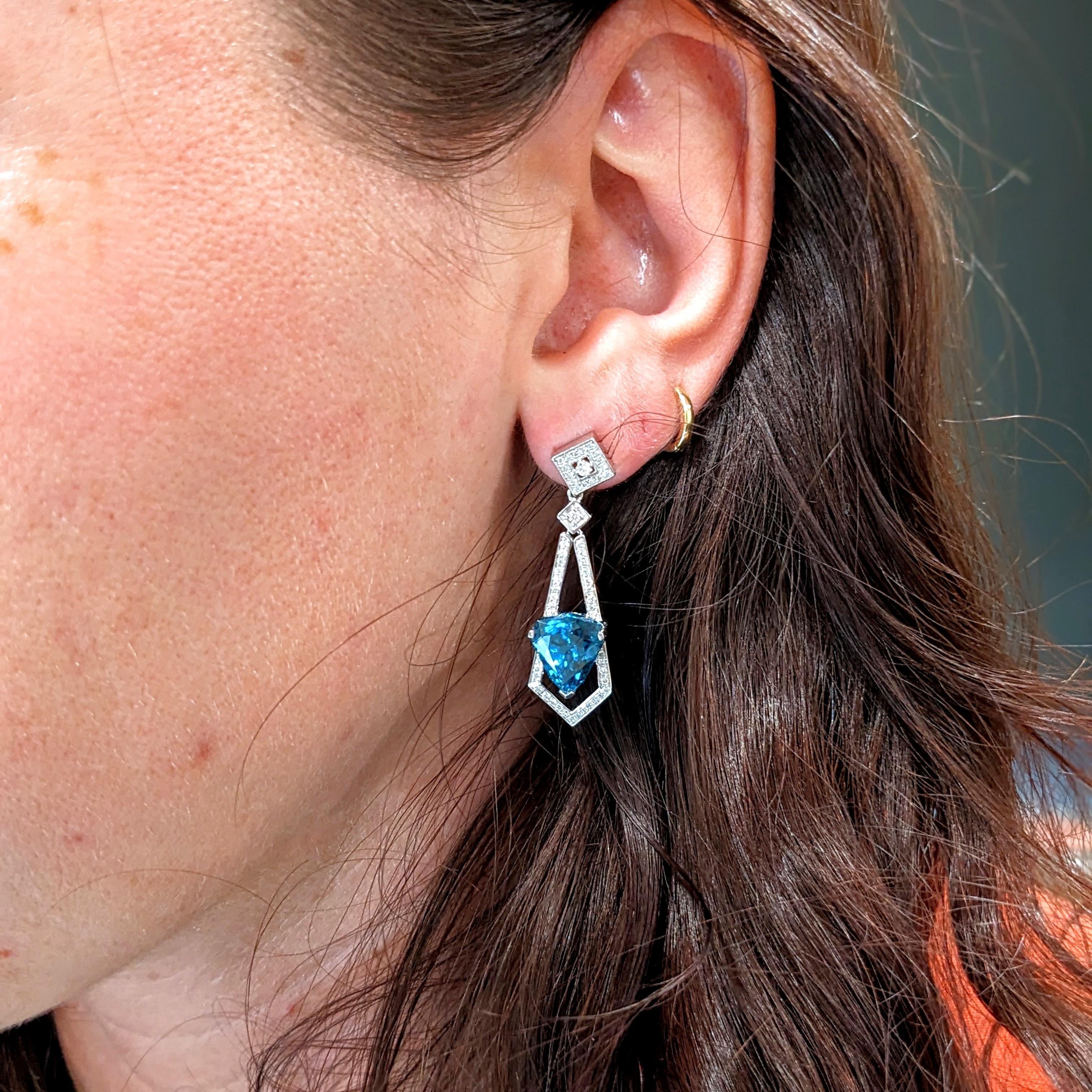 Women's Blue Zircon Drop Earrings w Earth Mined Diamonds in Solid 14K Gold Trillion 10x9