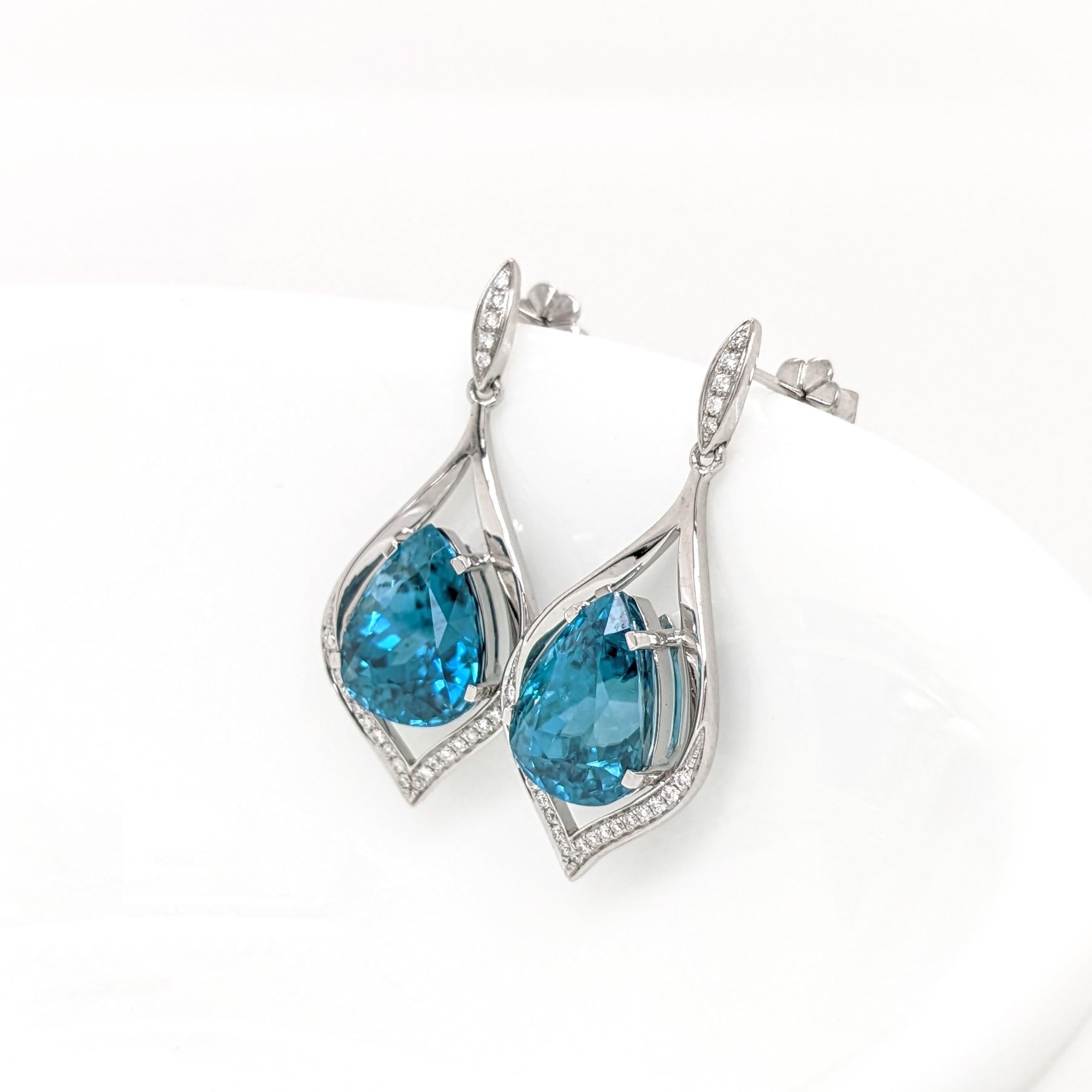 Modern Blue Zircon Earrings w Earth Mined Diamonds in Solid 14K Gold Pear 12.5x10.5mm