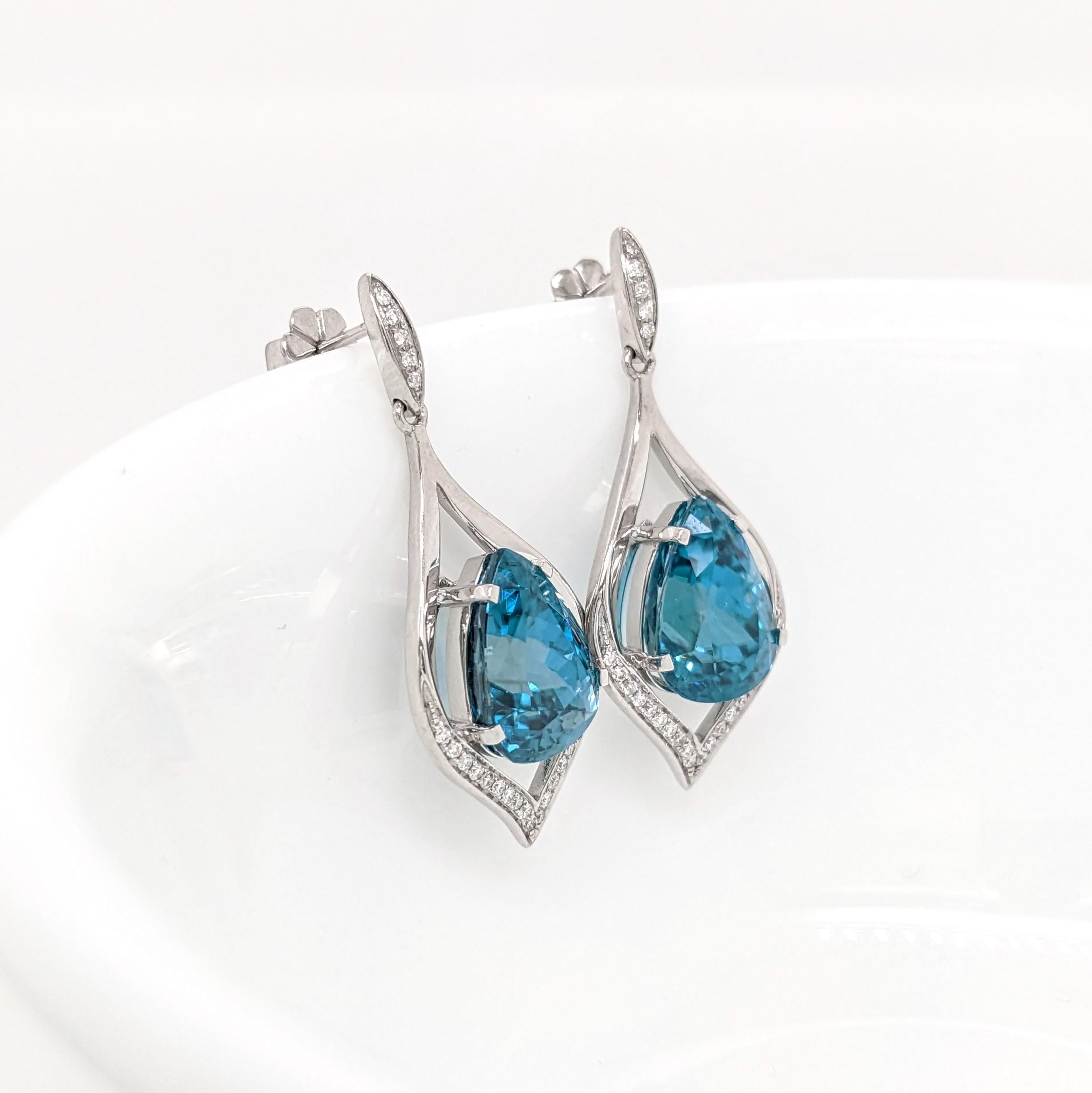 Pear Cut Blue Zircon Earrings w Earth Mined Diamonds in Solid 14K Gold Pear 12.5x10.5mm