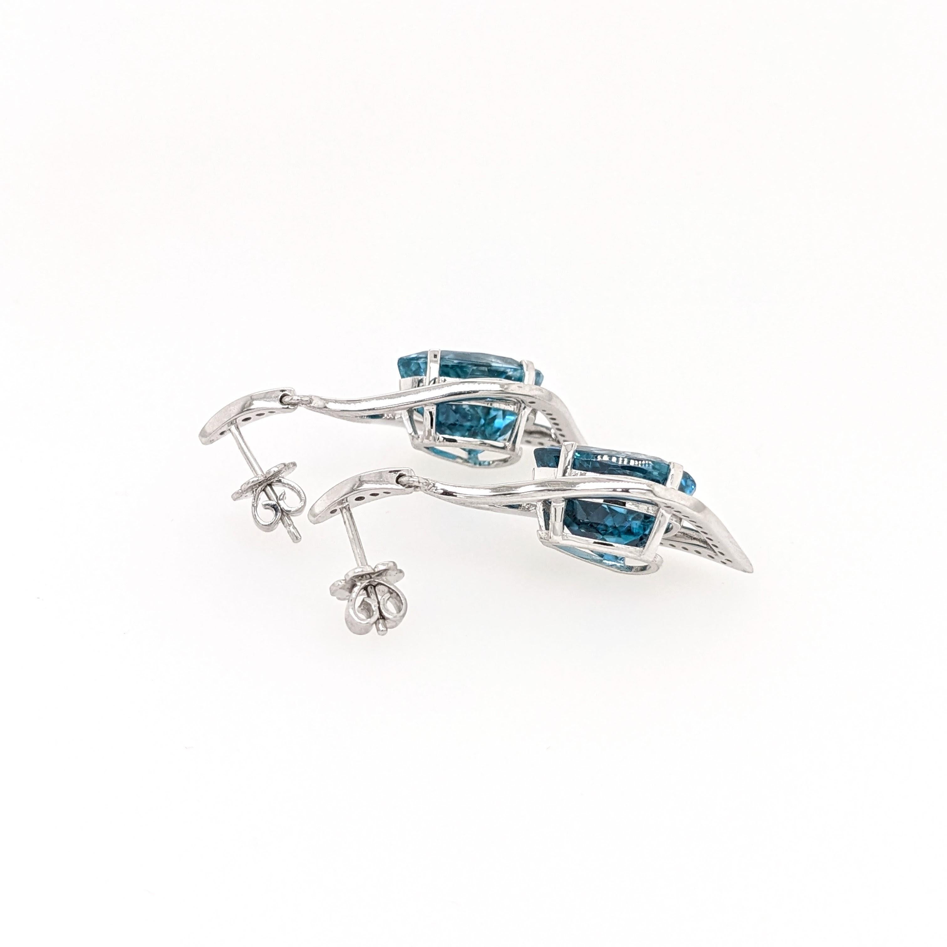 Women's Blue Zircon Earrings w Earth Mined Diamonds in Solid 14K Gold Pear 12.5x10.5mm