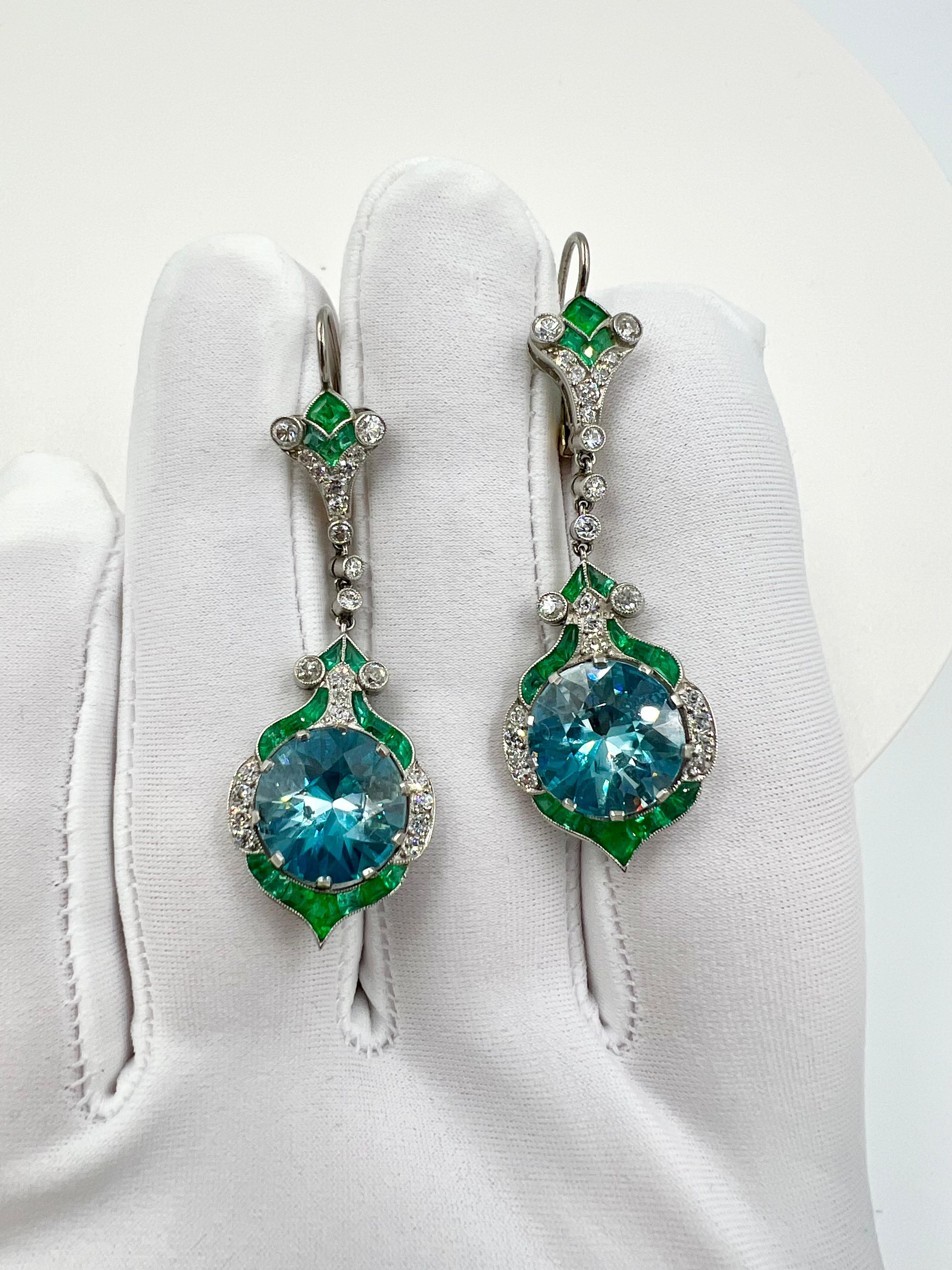 Art Deco Blue Zircon Emerald Diamond Platinum Dangling Earrings For Sale