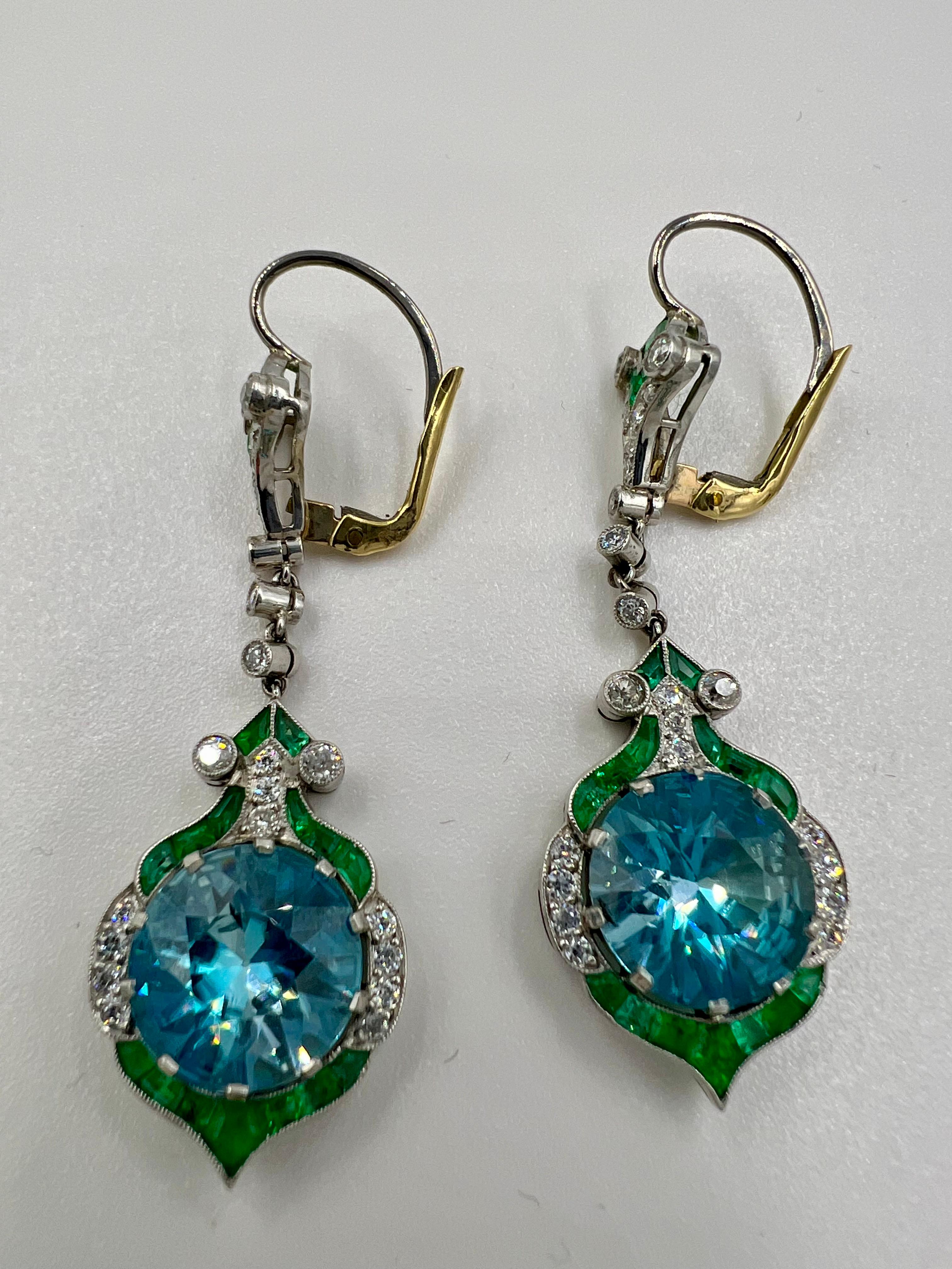Mixed Cut Blue Zircon Emerald Diamond Platinum Dangling Earrings