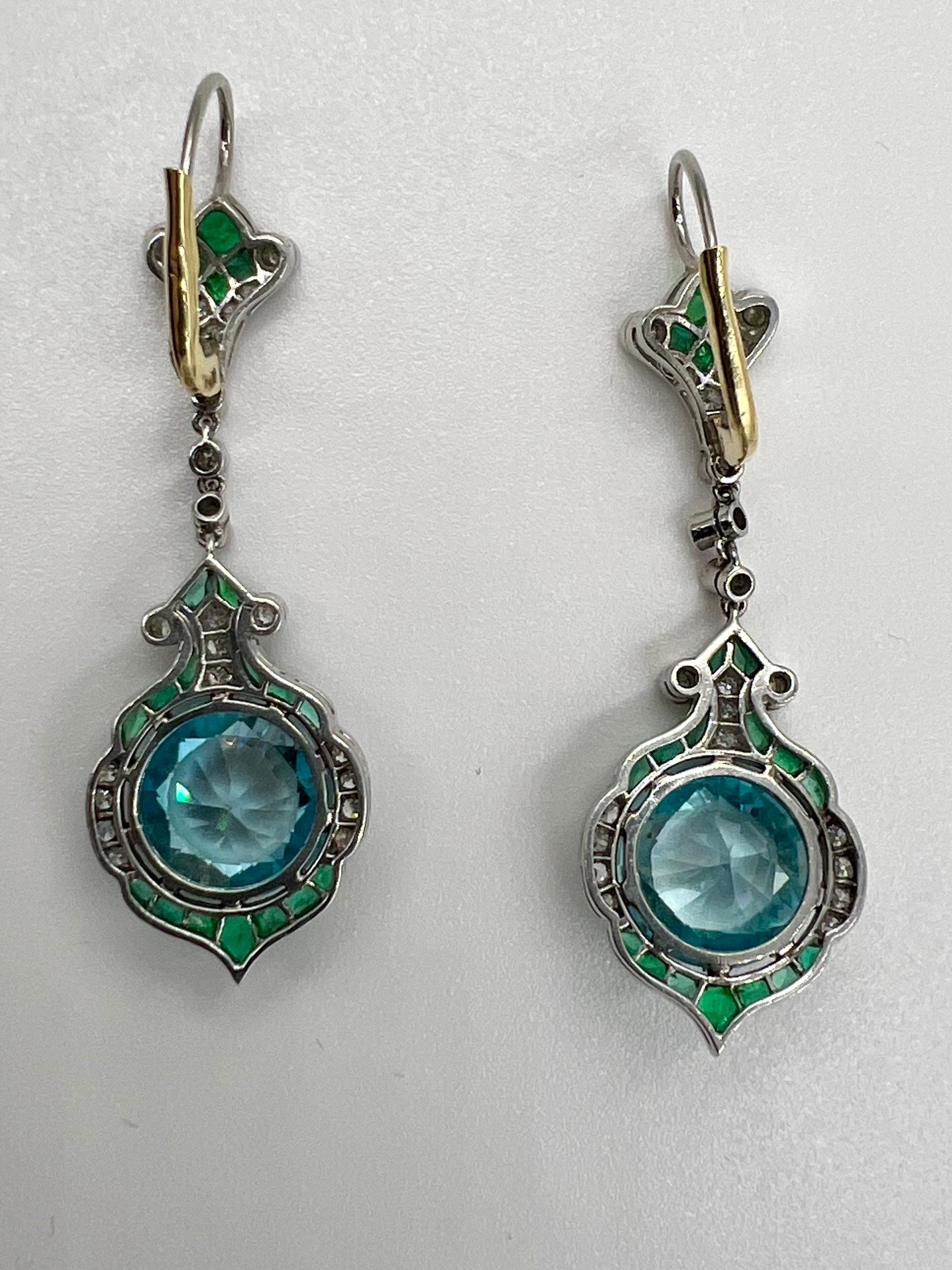 Women's or Men's Blue Zircon Emerald Diamond Platinum Dangling Earrings For Sale