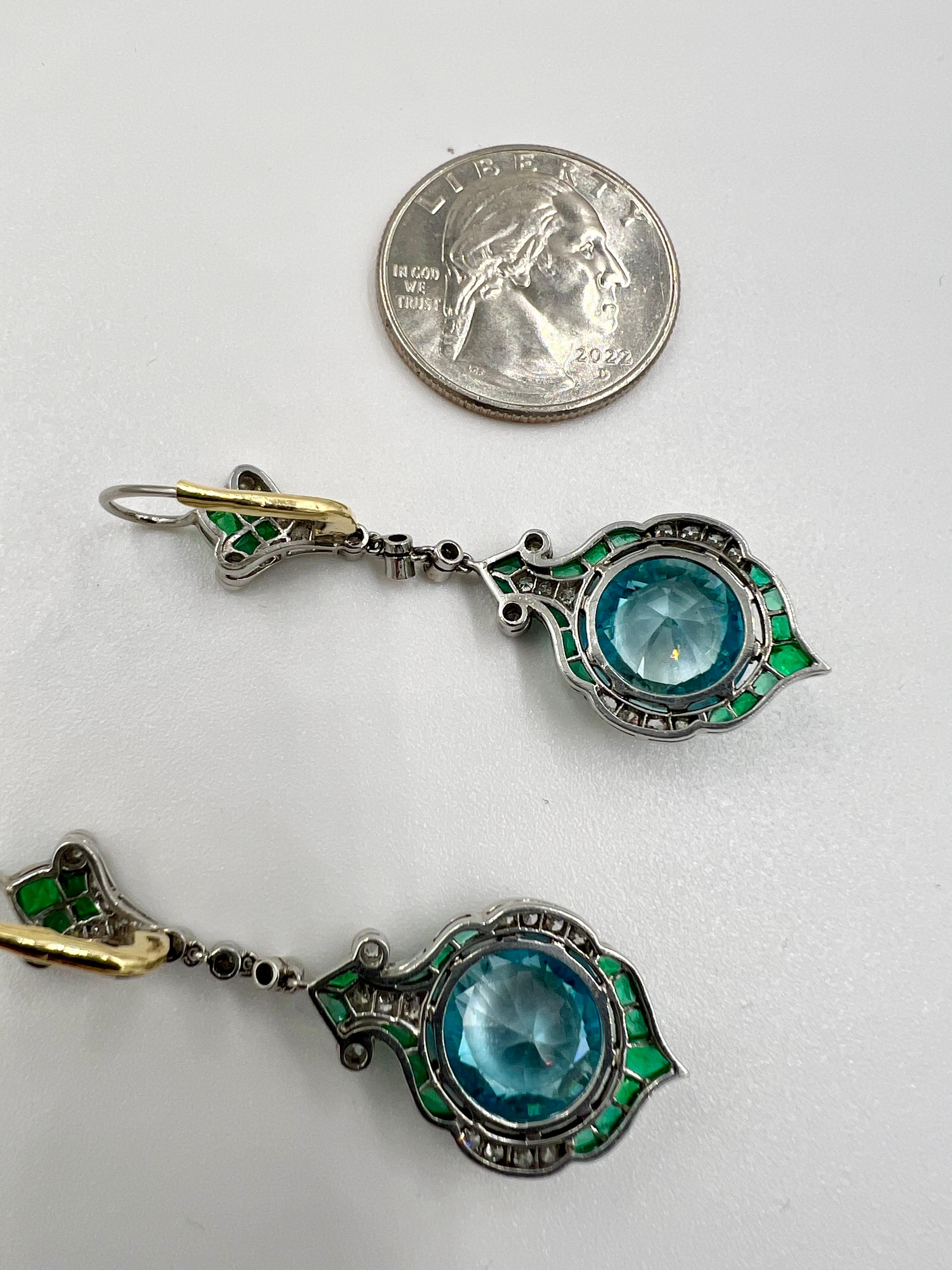 Blue Zircon Emerald Diamond Platinum Dangling Earrings 1