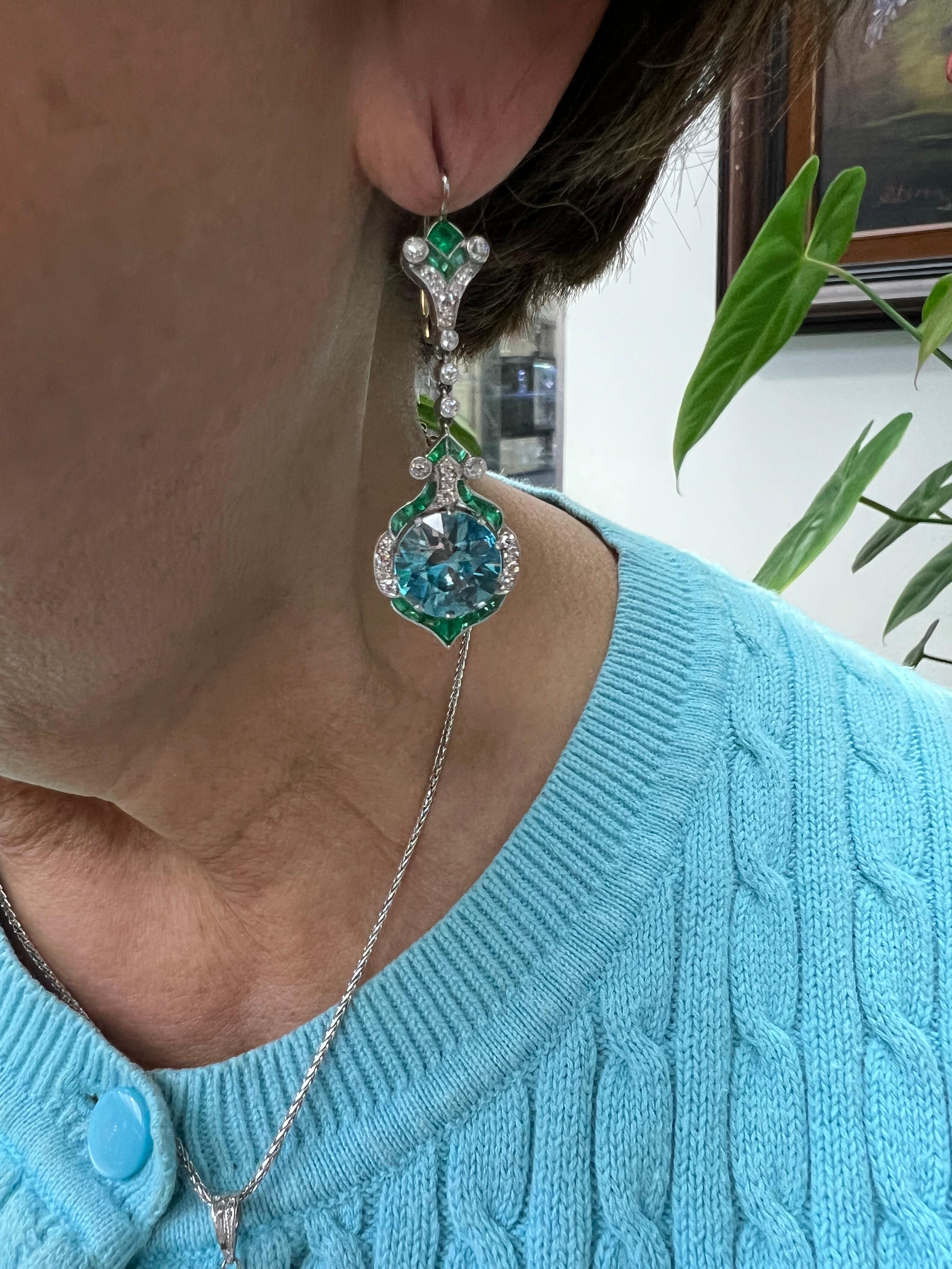 Blue Zircon Emerald Diamond Platinum Dangling Earrings For Sale 2
