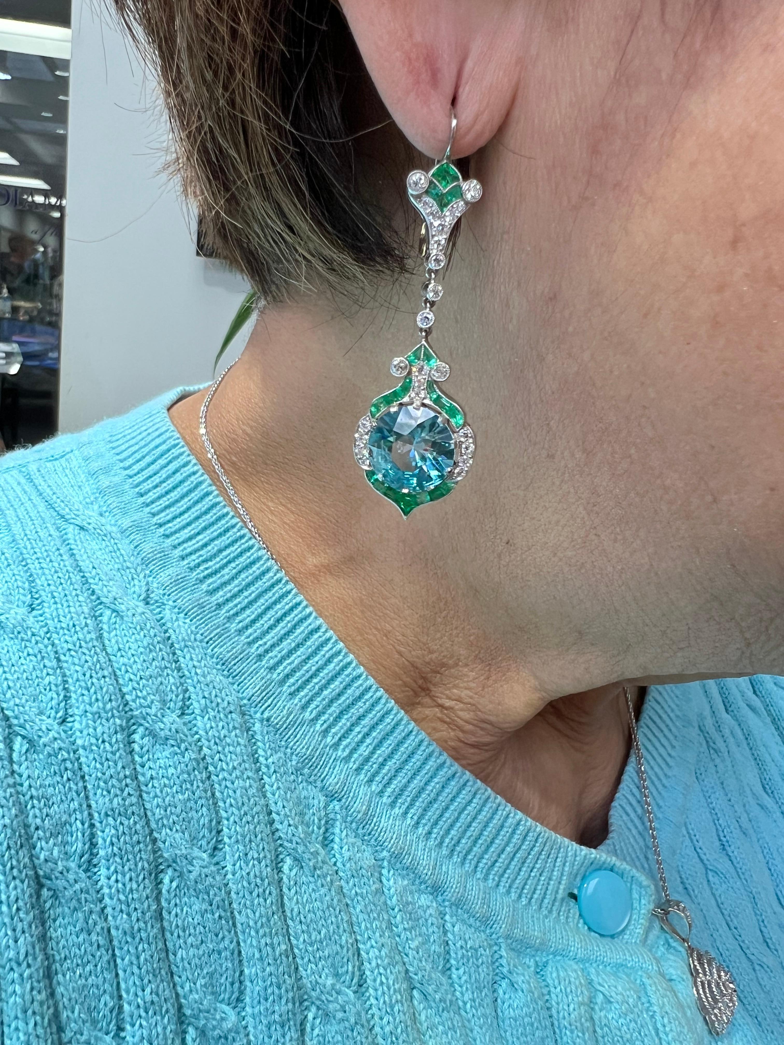 Blue Zircon Emerald Diamond Platinum Dangling Earrings 3