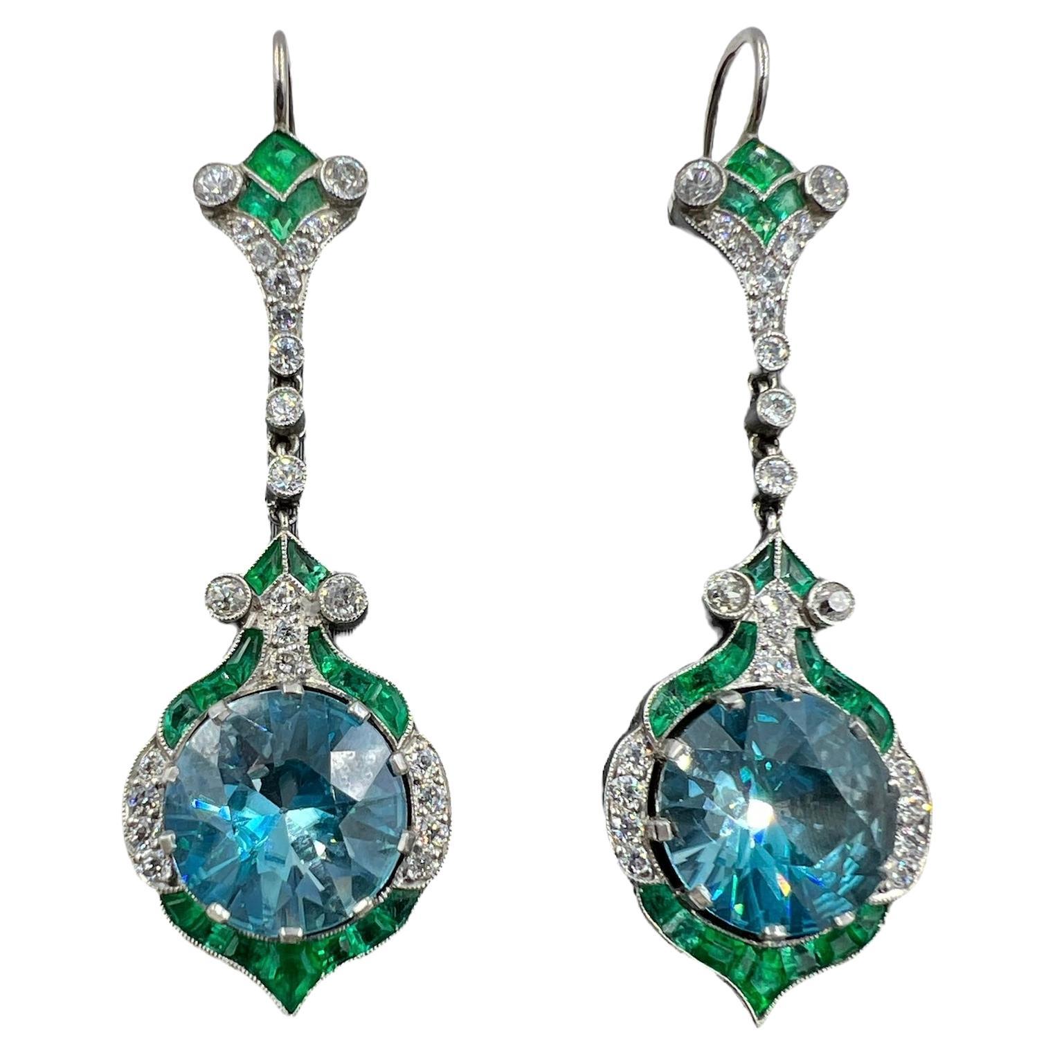 Blue Zircon Emerald Diamond Platinum Dangling Earrings