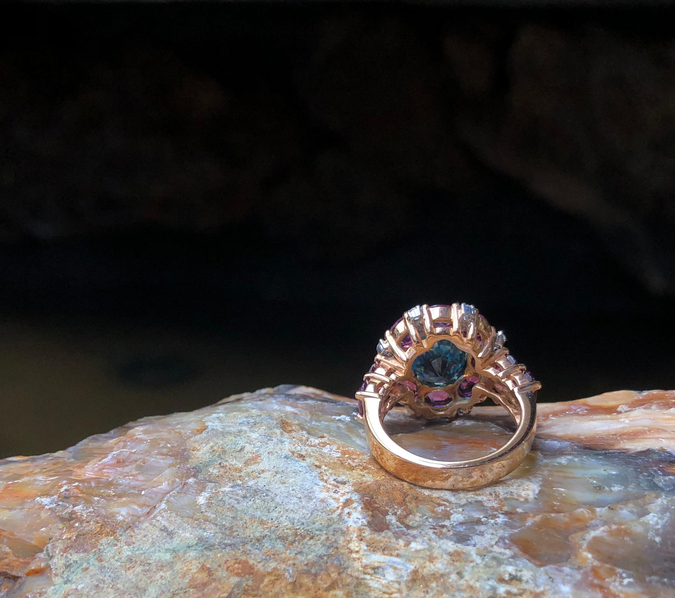 Blue Zircon, Garnet with Diamond Ring Set in 18 Karat Rose Gold Settings For Sale 3