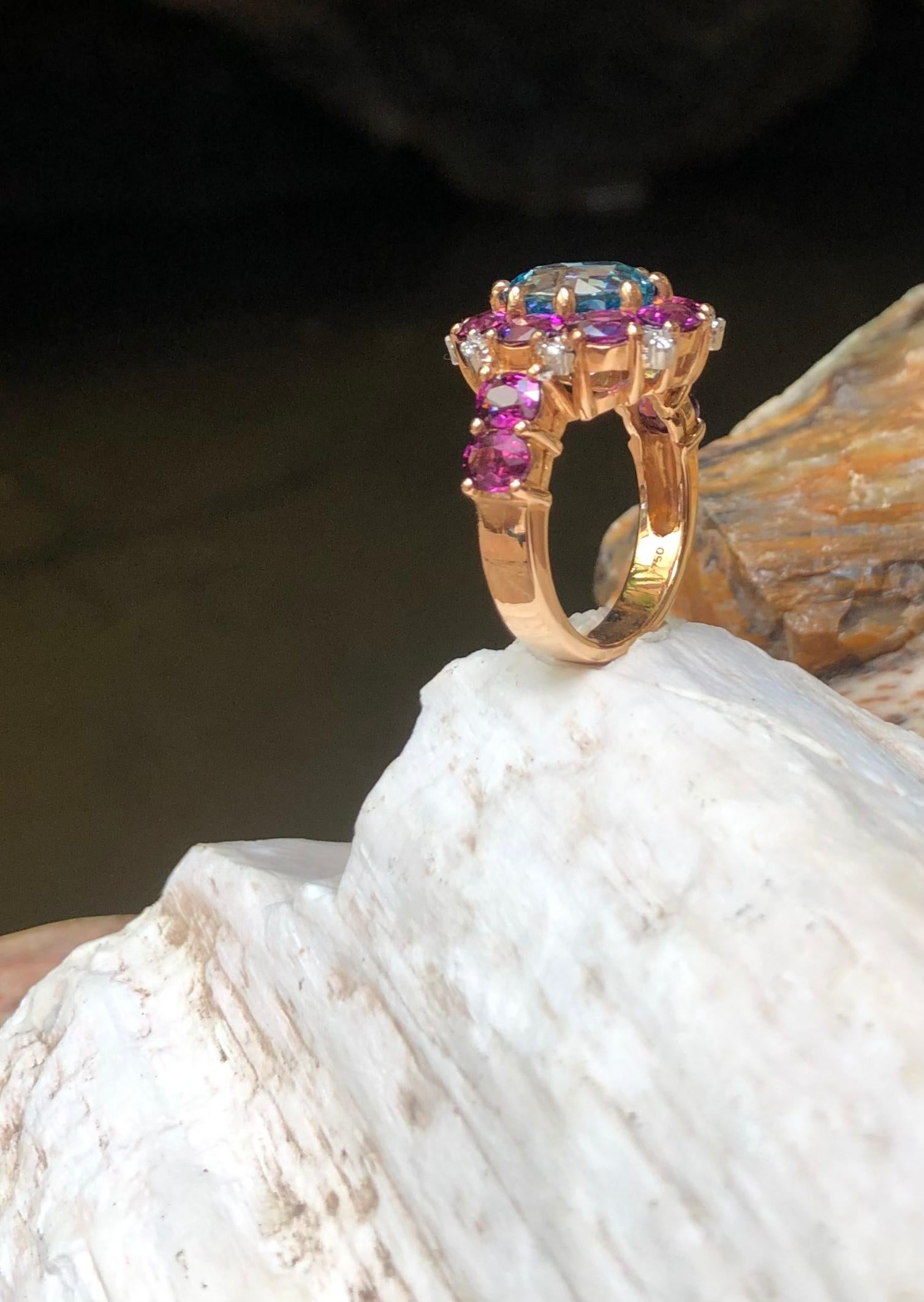 Blue Zircon, Garnet with Diamond Ring Set in 18 Karat Rose Gold Settings For Sale 5