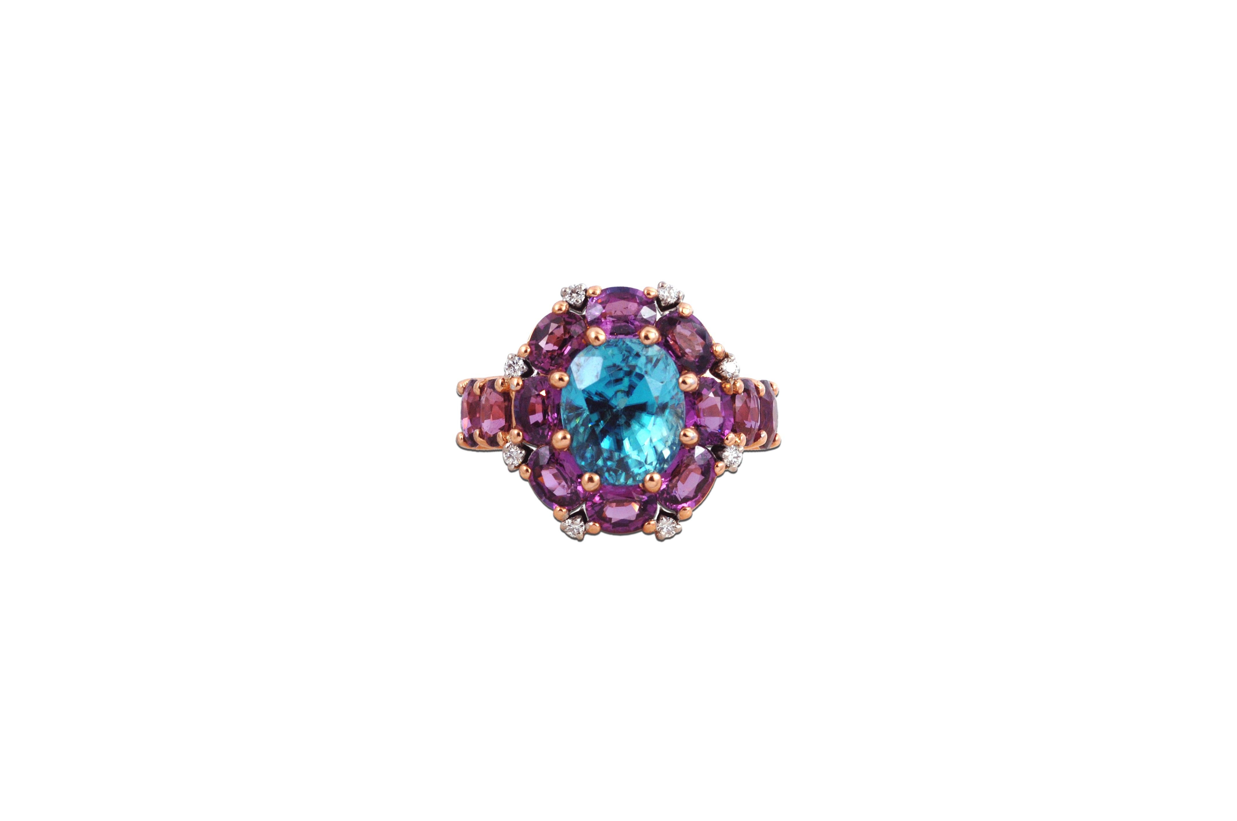 Blue Zircon 27.22 carats, Almandite 5.69 carats with Diamond 0.09 carat Ring set in 18 Karat Rose Gold Settings 

Width: 1.8 cm
Length: 1.7 cm 
Ring Size: 54

