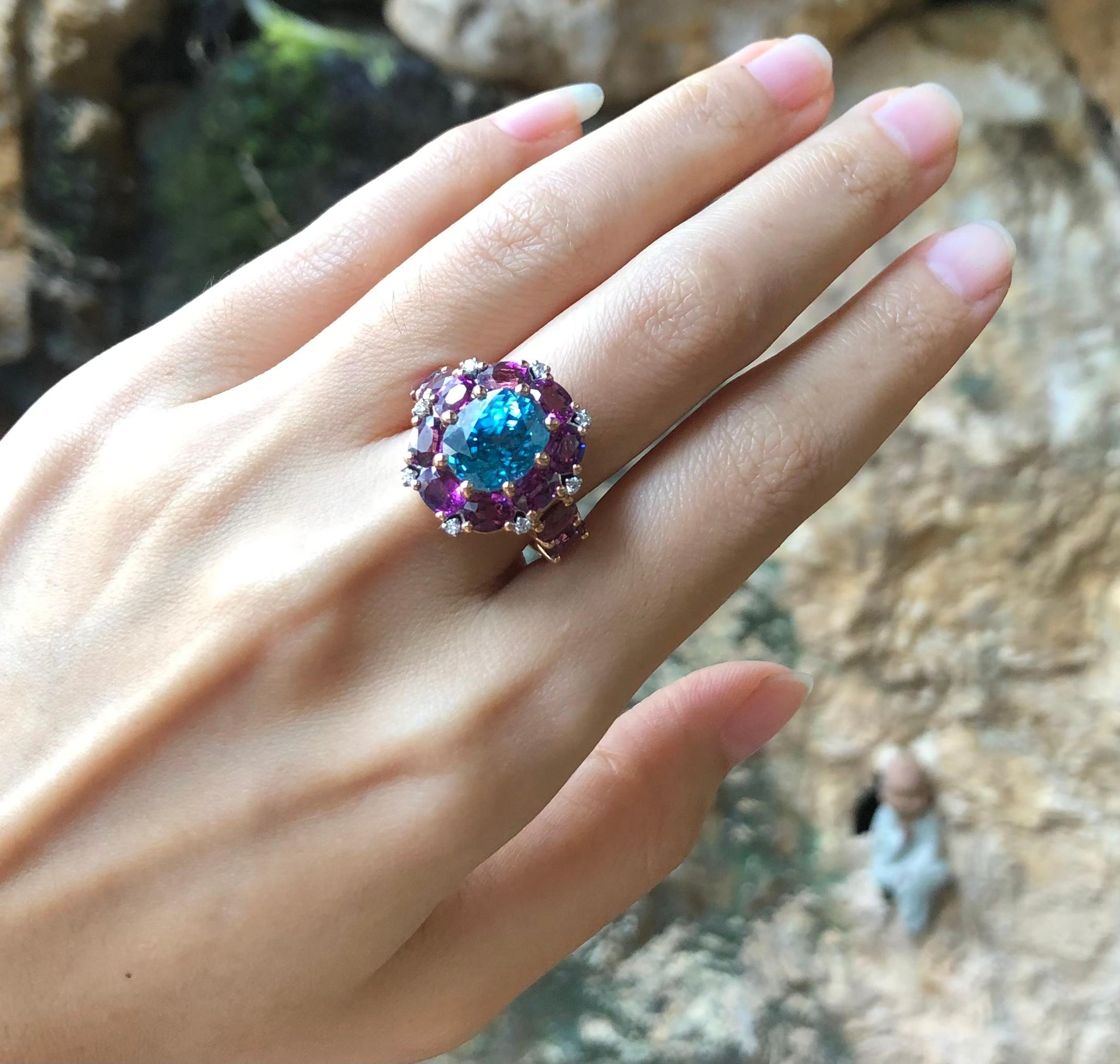 Contemporary Blue Zircon, Garnet with Diamond Ring Set in 18 Karat Rose Gold Settings For Sale