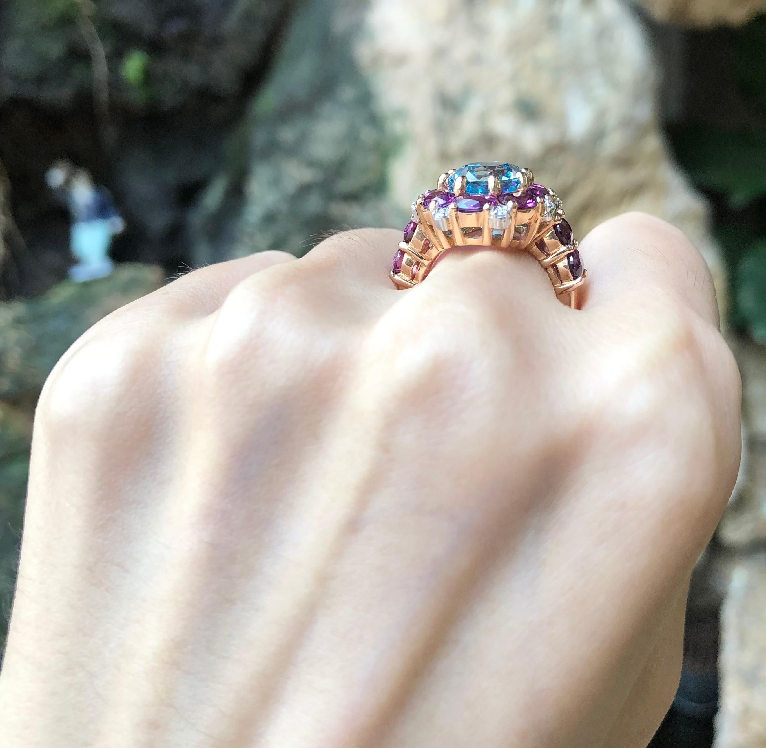 Blue Zircon, Garnet with Diamond Ring Set in 18 Karat Rose Gold Settings In New Condition For Sale In Bangkok, TH